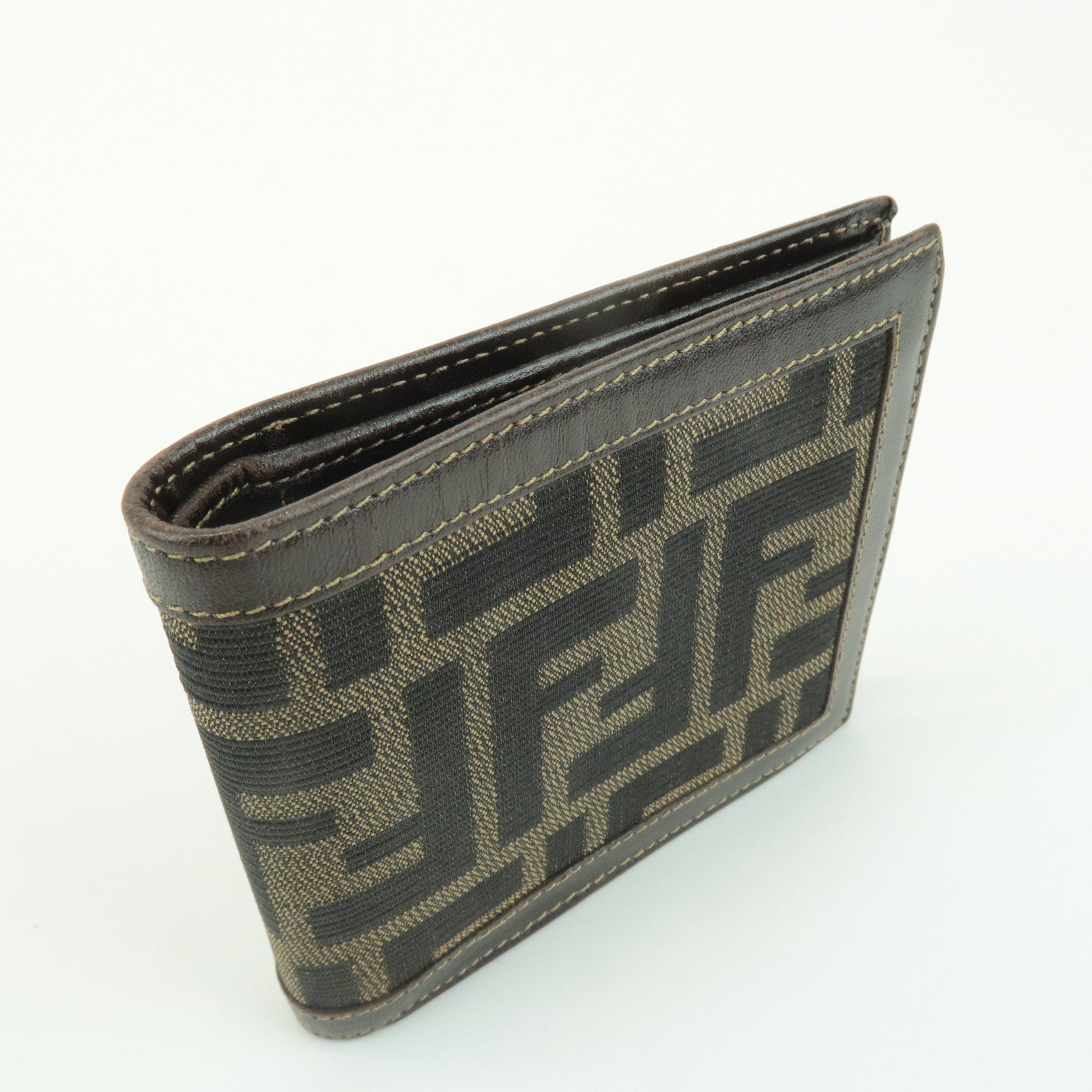 FENDI Zucca Leather Canvas Bi-fold Wallet Black Brown 01445 Used