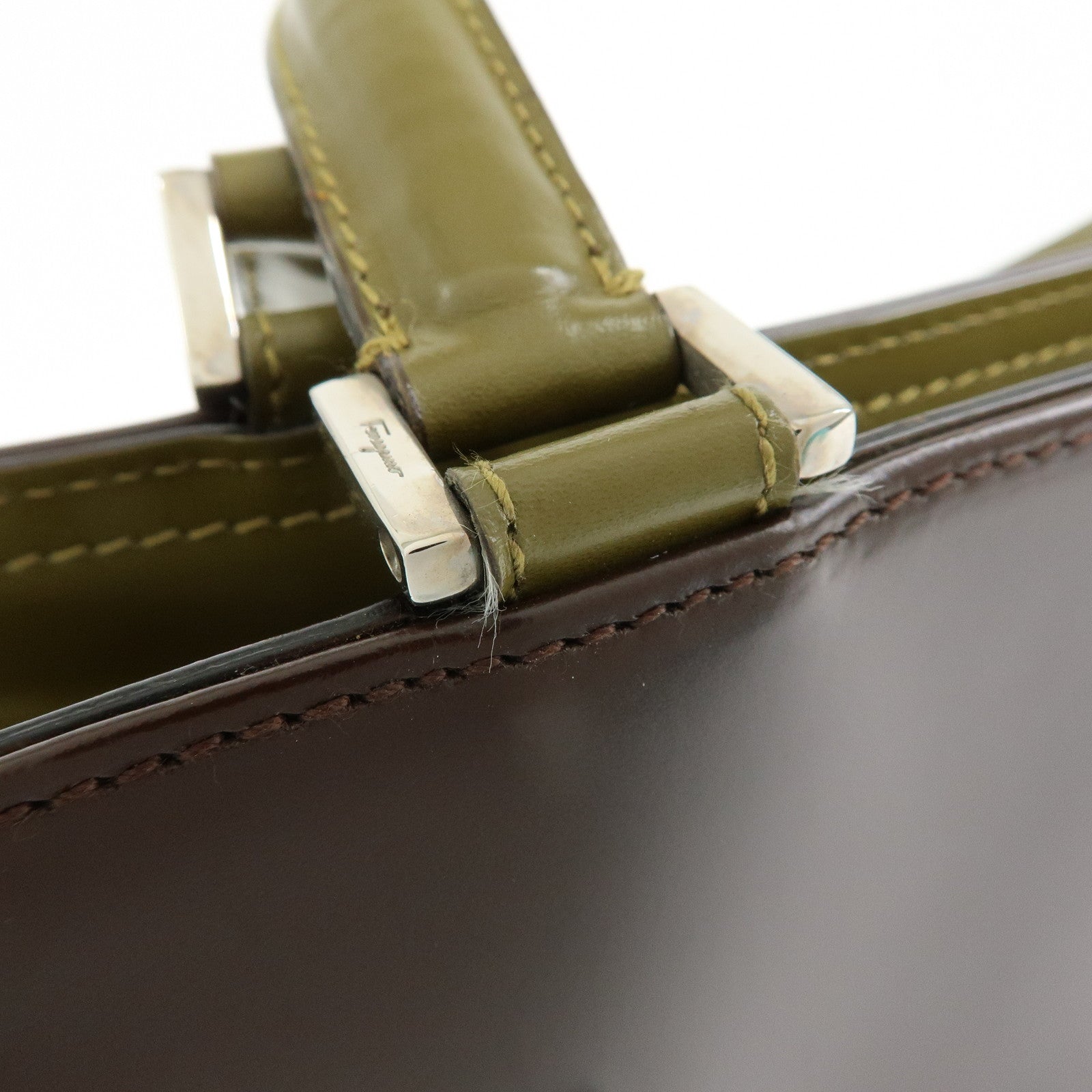 Ferragamo Gancini Leather 2Way Hand Bag Shoulder Bag Brown Khaki