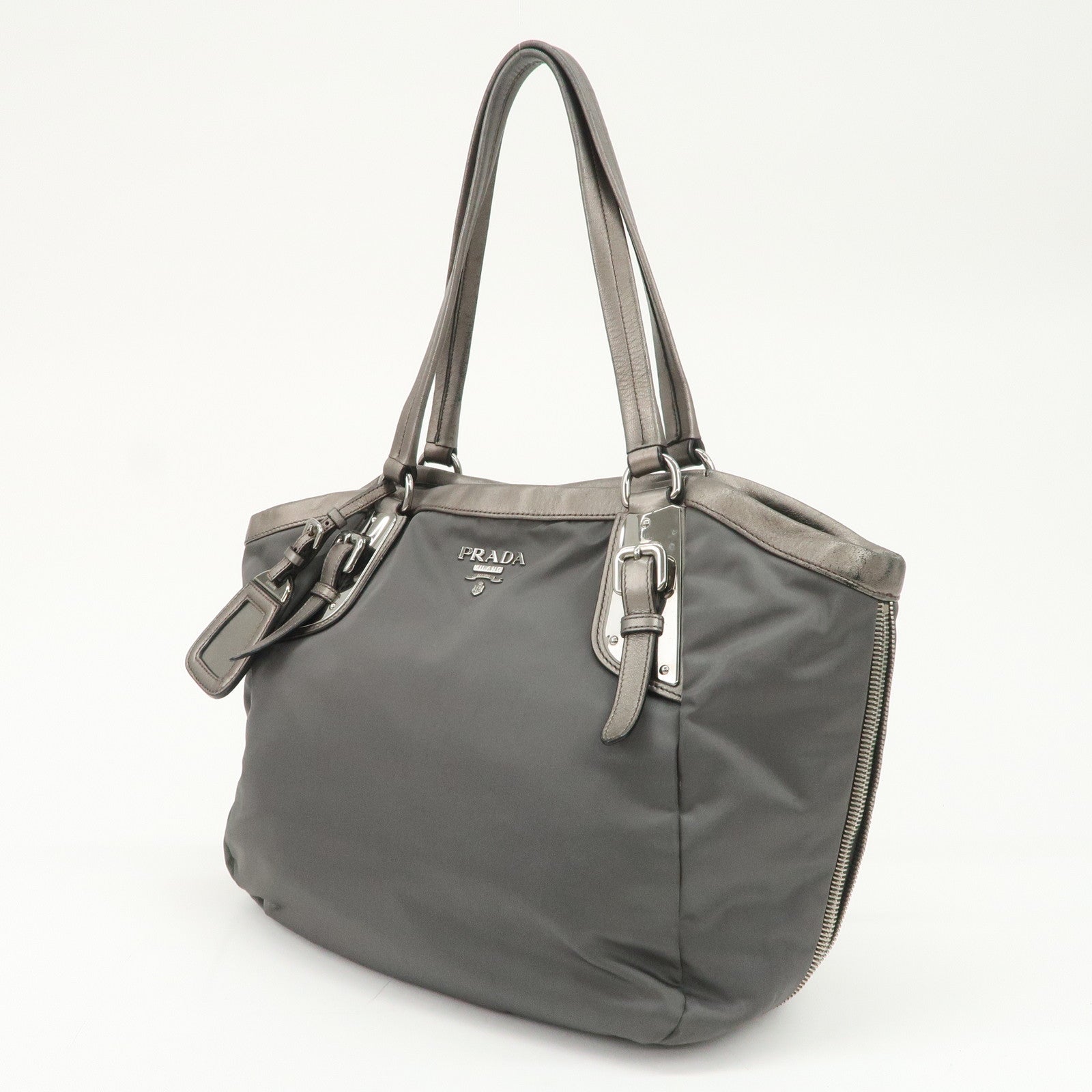 PRADA Logo Nylon Leather Tote Bag Shoulder Bag Gray BR4007
