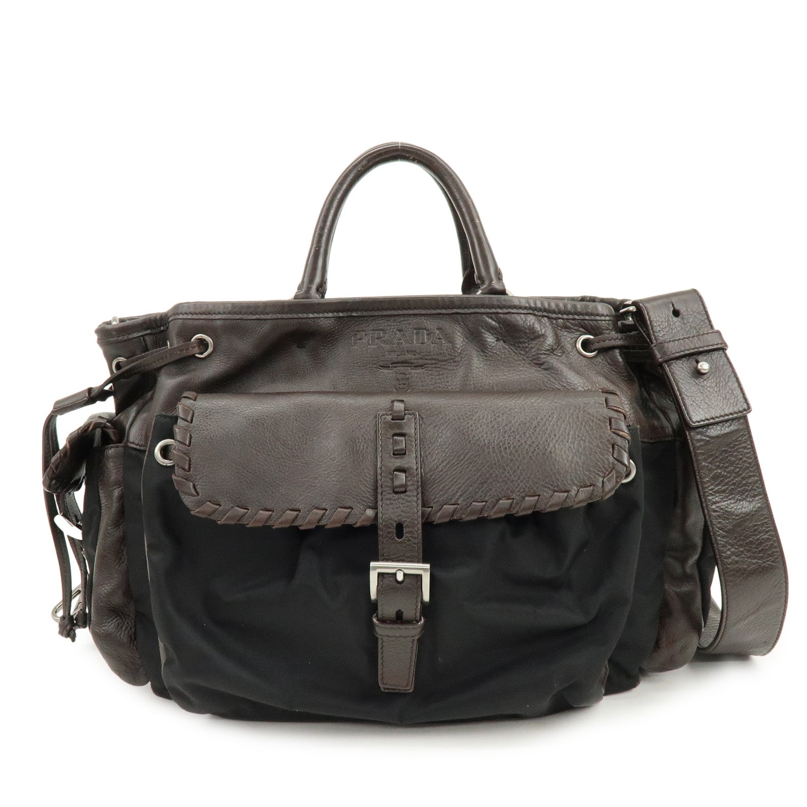 PRADA Nylon Leather 2Way Bag Hand Bag Shoulder Bag Brown