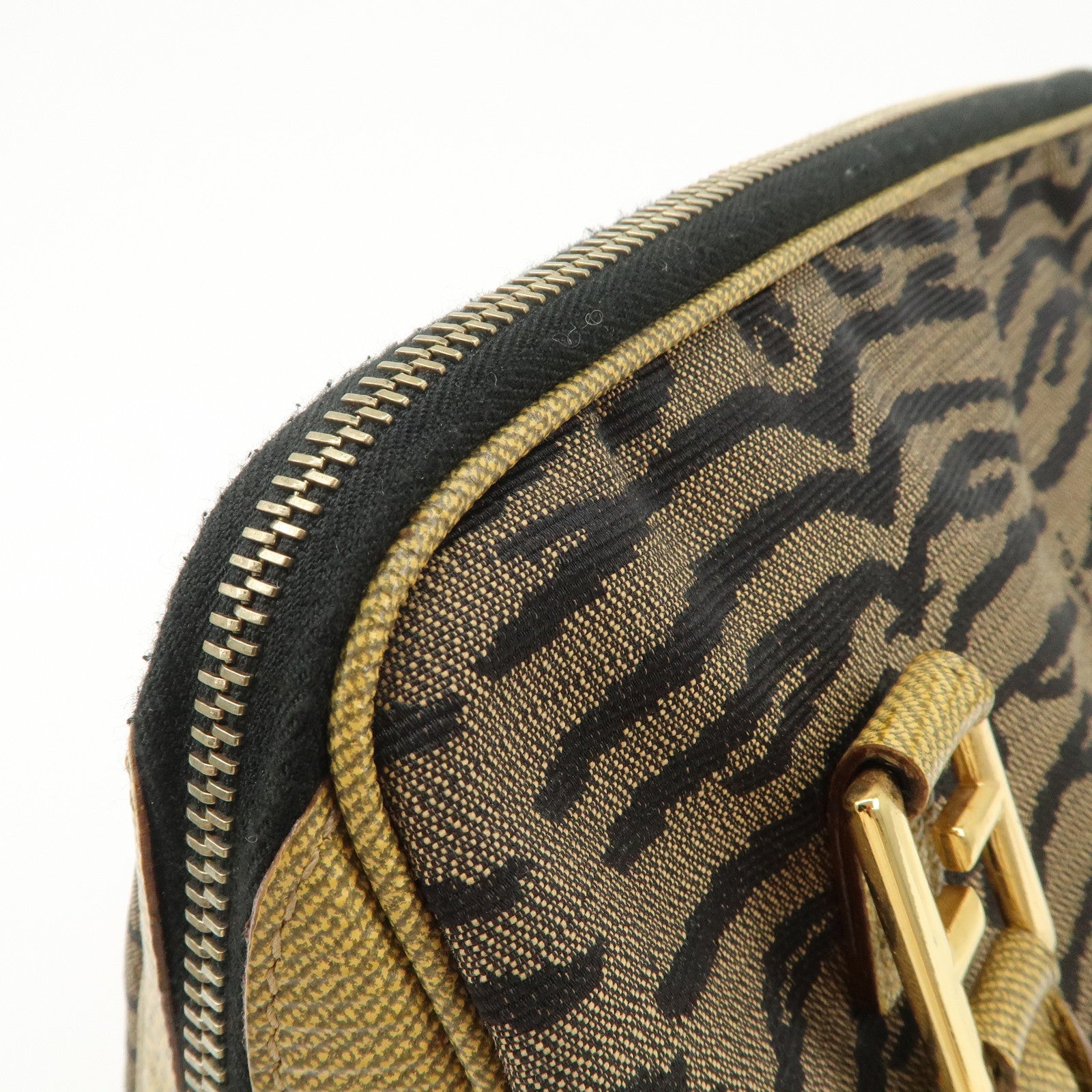 FENDI Leather Canvas 2Way Bag Hand Bag Zebra Print Black Brown Used