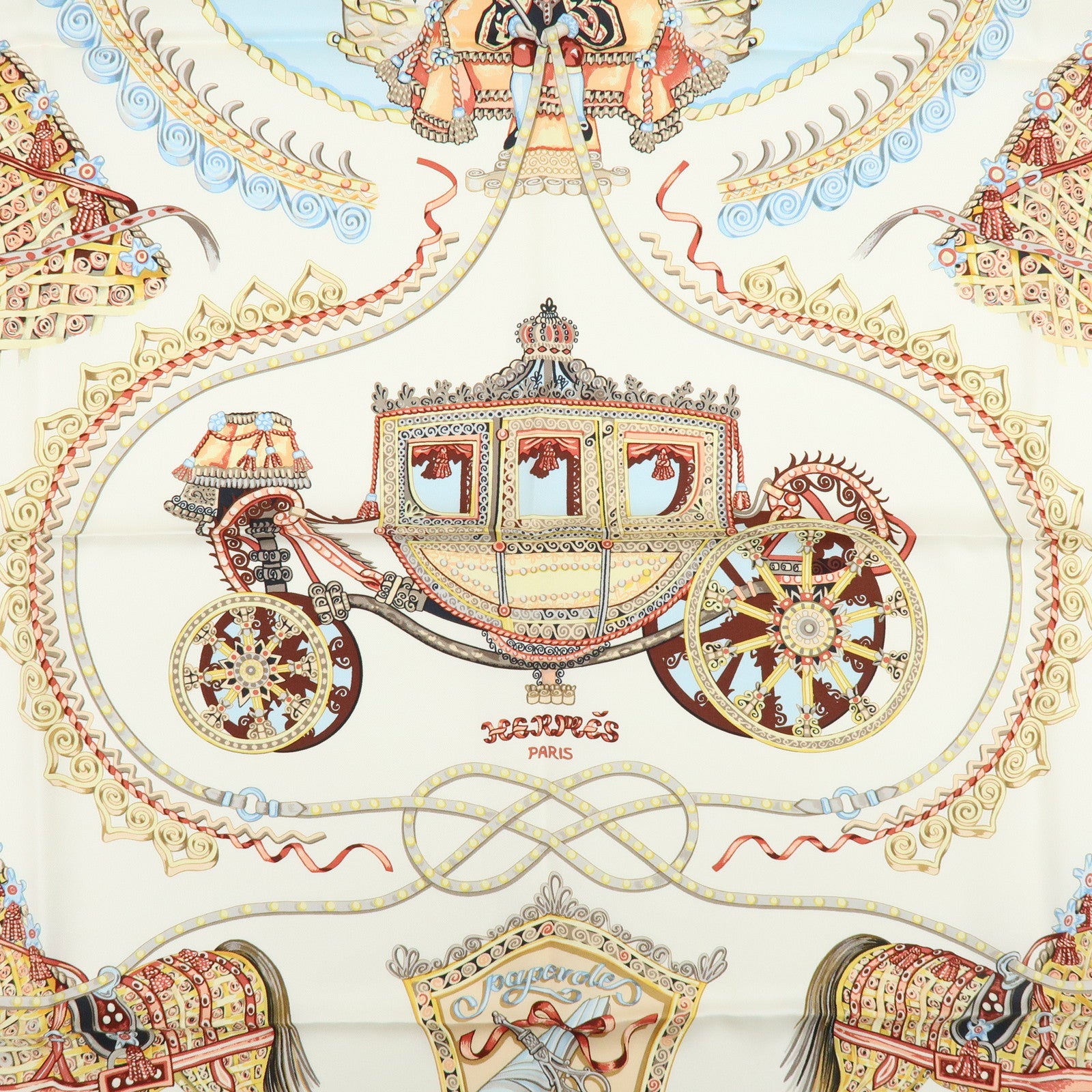 HERMES Carre 90 Silk 100% Scarf PAPEROLLES Light Blue Ivory