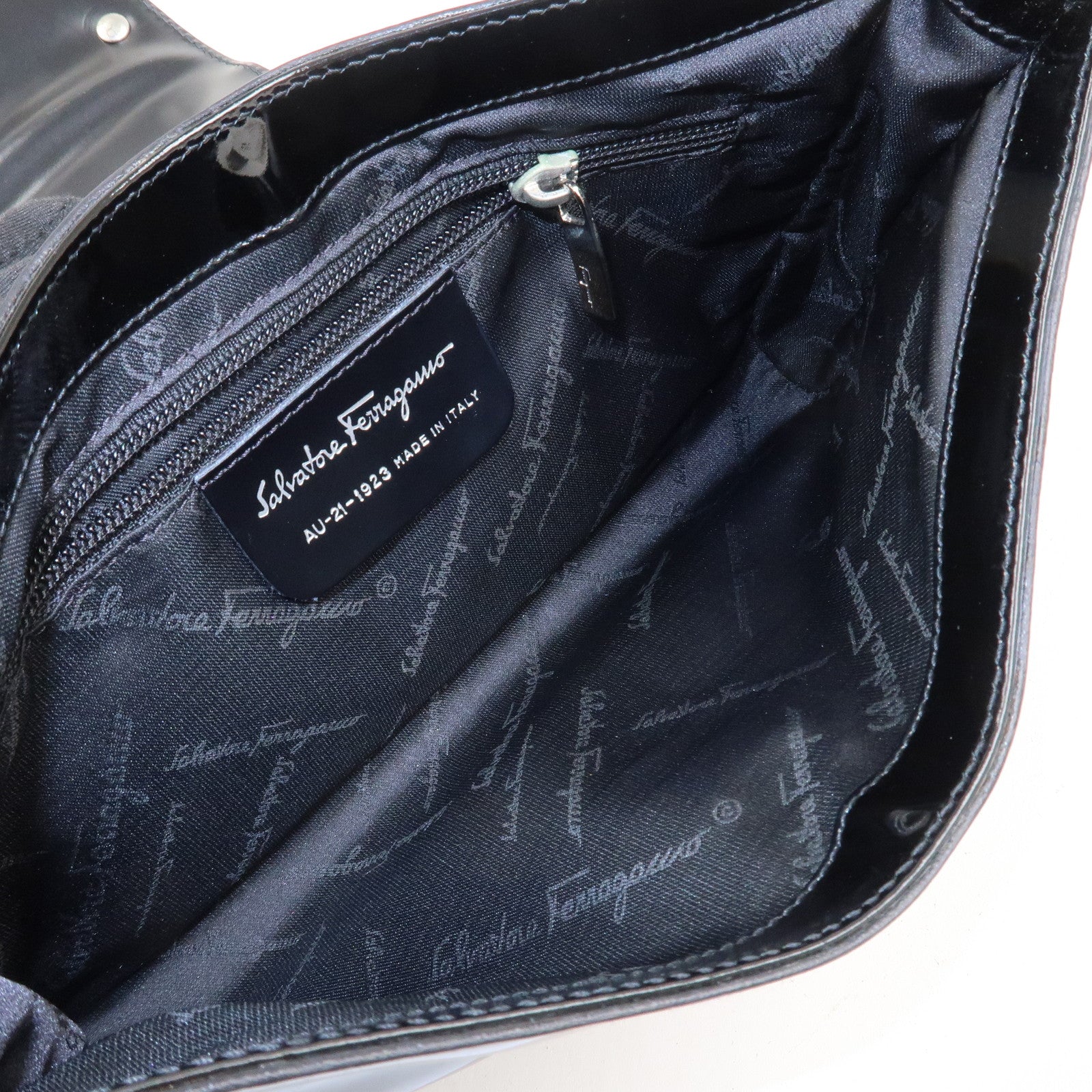 Ferragamo Patent Leather Shoulder Bag Hand Bag Black Silver HDW