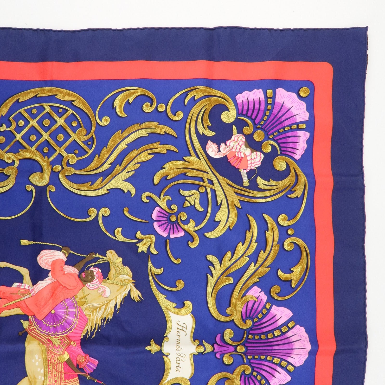 HERMES Carre 90 Silk 100% Scarf Cheval Turc Blue Gold Navy Used