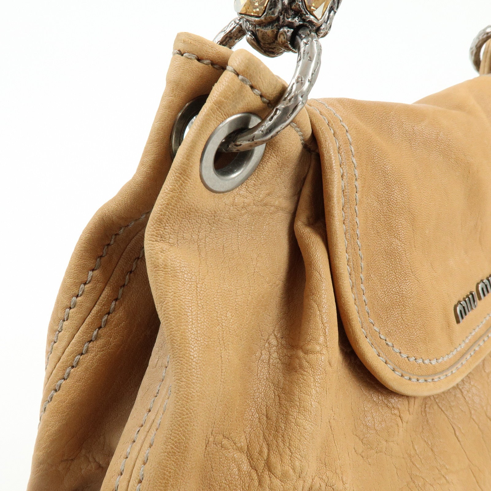 MIU MIU Leather 2Way Bag Hand Bag Shoulder Bag Brown Crystal