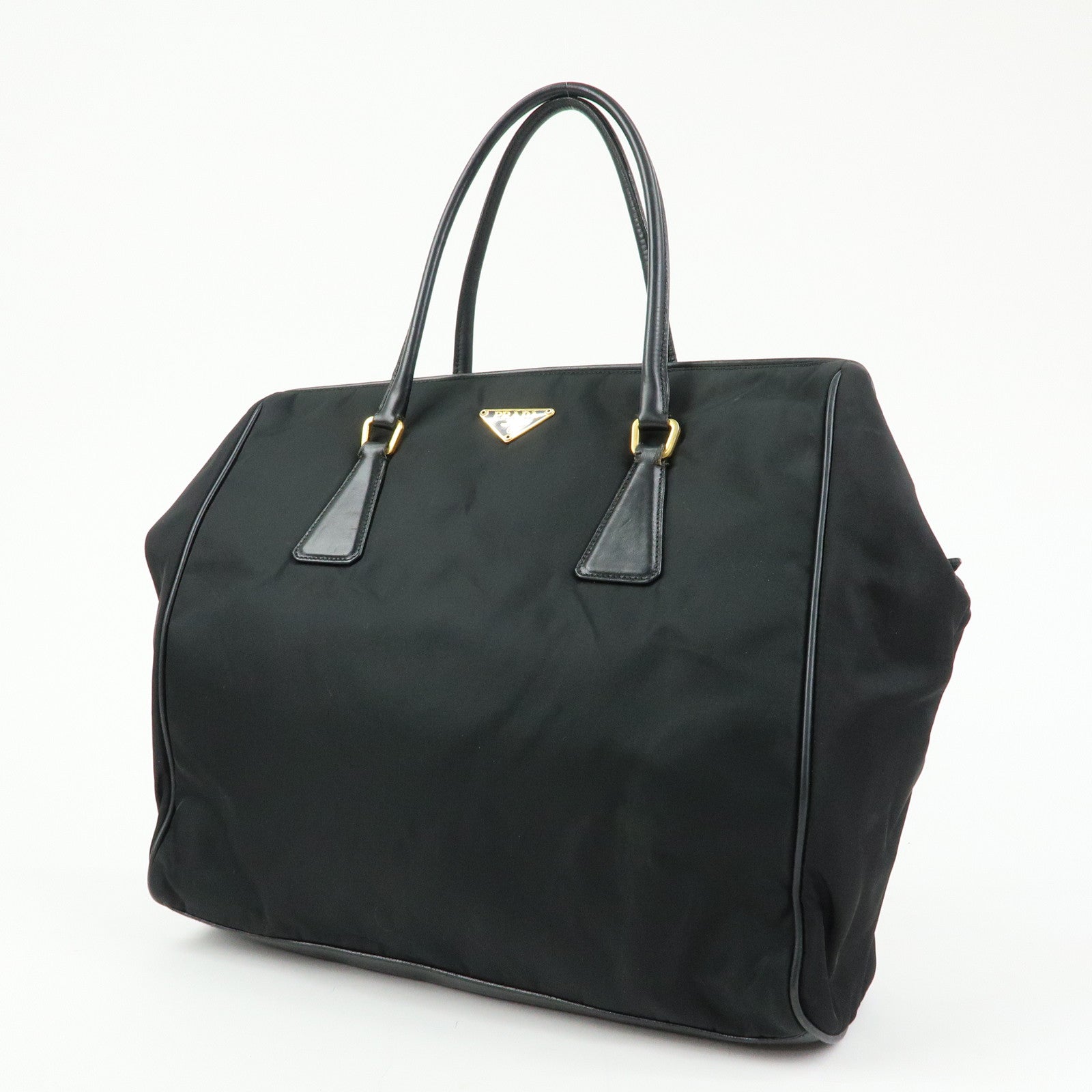PRADA Triangle Logo Nylon Leather Hand Bag Tote Shoulder Bag Black