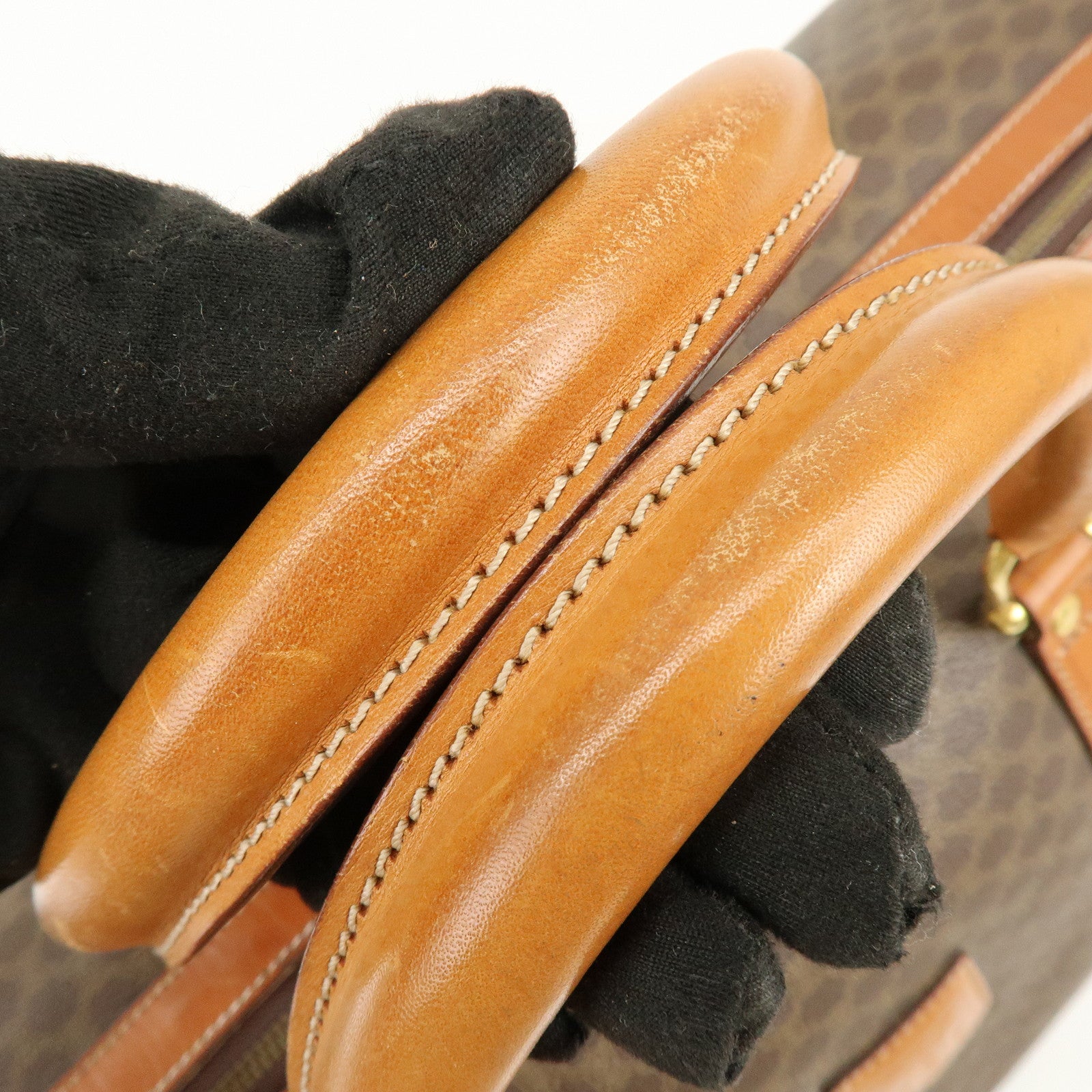 CELINE Macadam PVC Coated Canvas Leather Boston Bag Hand Bag Brown