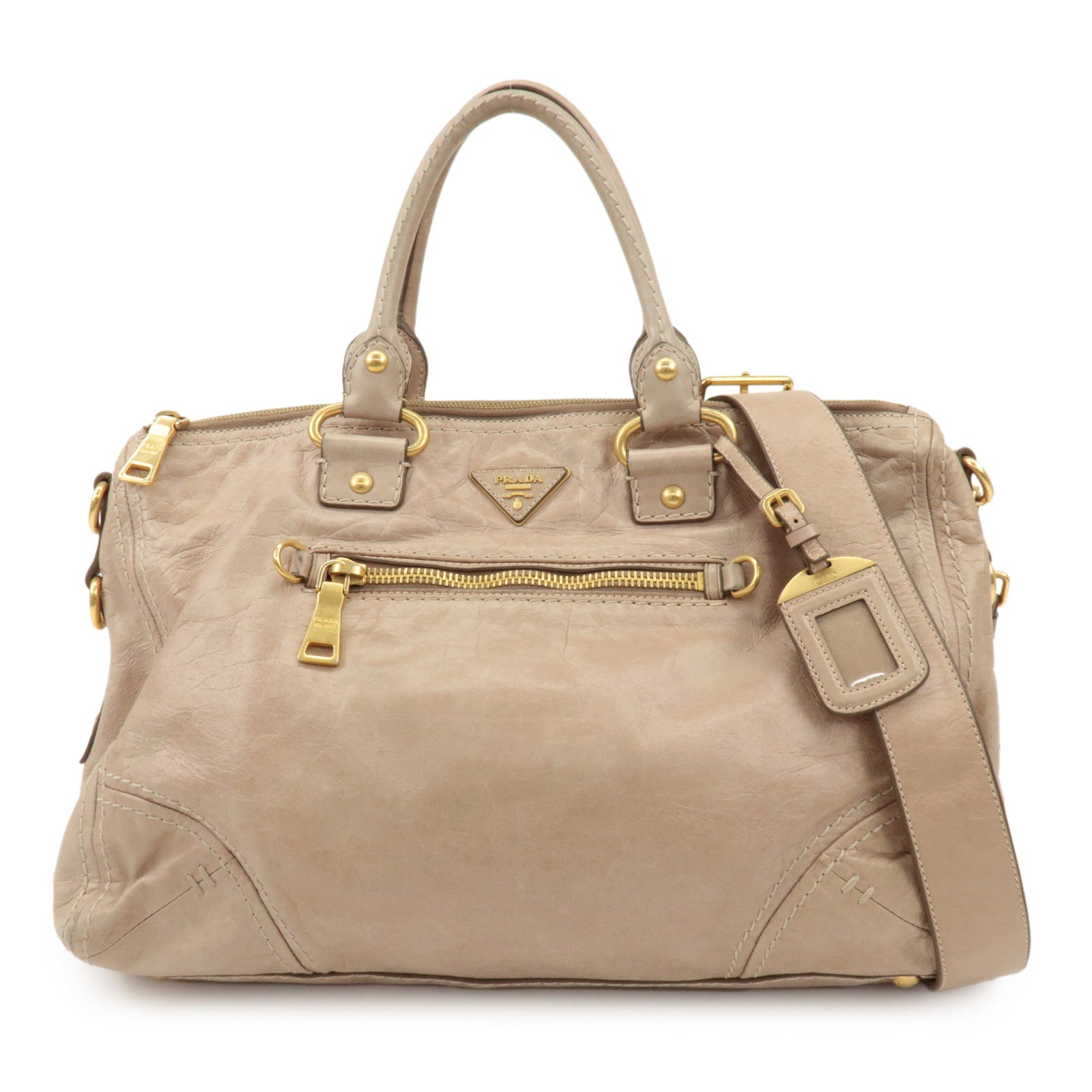 PRADA Triangle Logo Leather 2Way Bag Tote Bag Shoulder Bag Beige Used