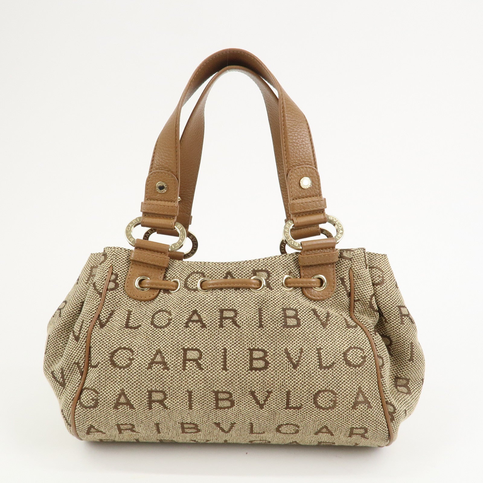 BVLGARI Logo Mania Jacquard Leather Hand Bag Tote Bag Beige