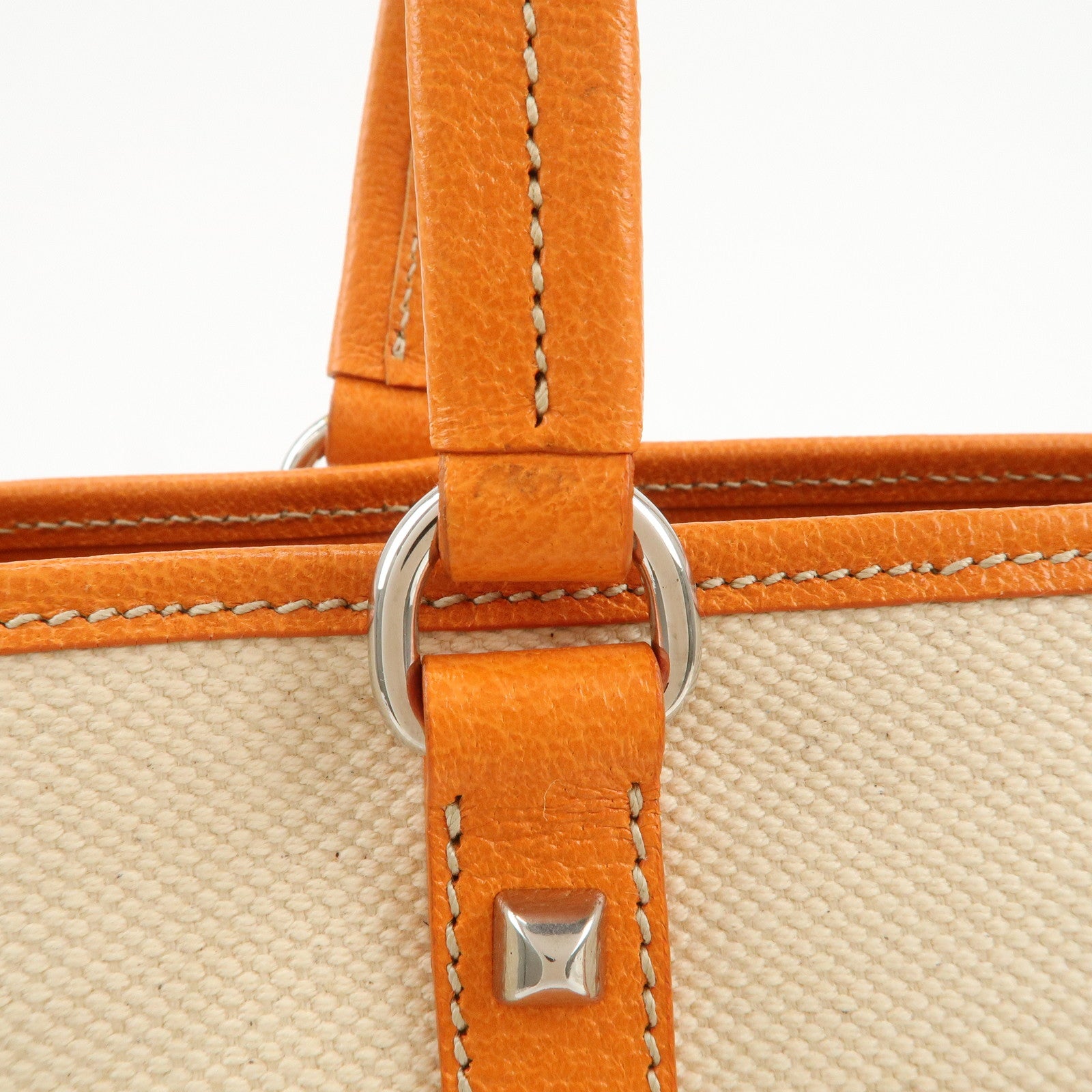PRADA Triangle Logo Canvas Leather Tote Bag Natural Orange BR2920