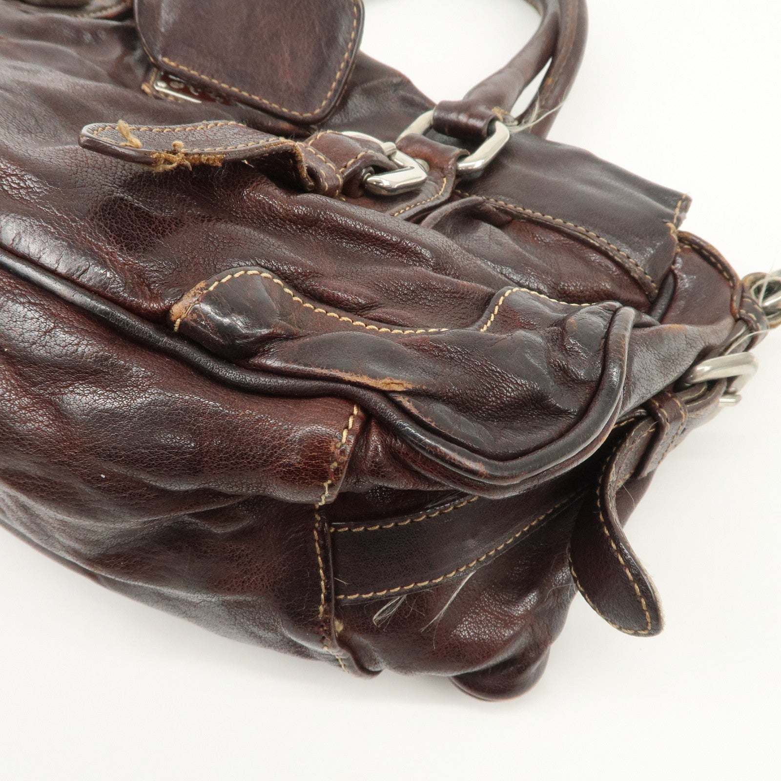 PRADA Triangle Logo Leather 2Way Bag Hand Bag Dark Brown BN1279 Used