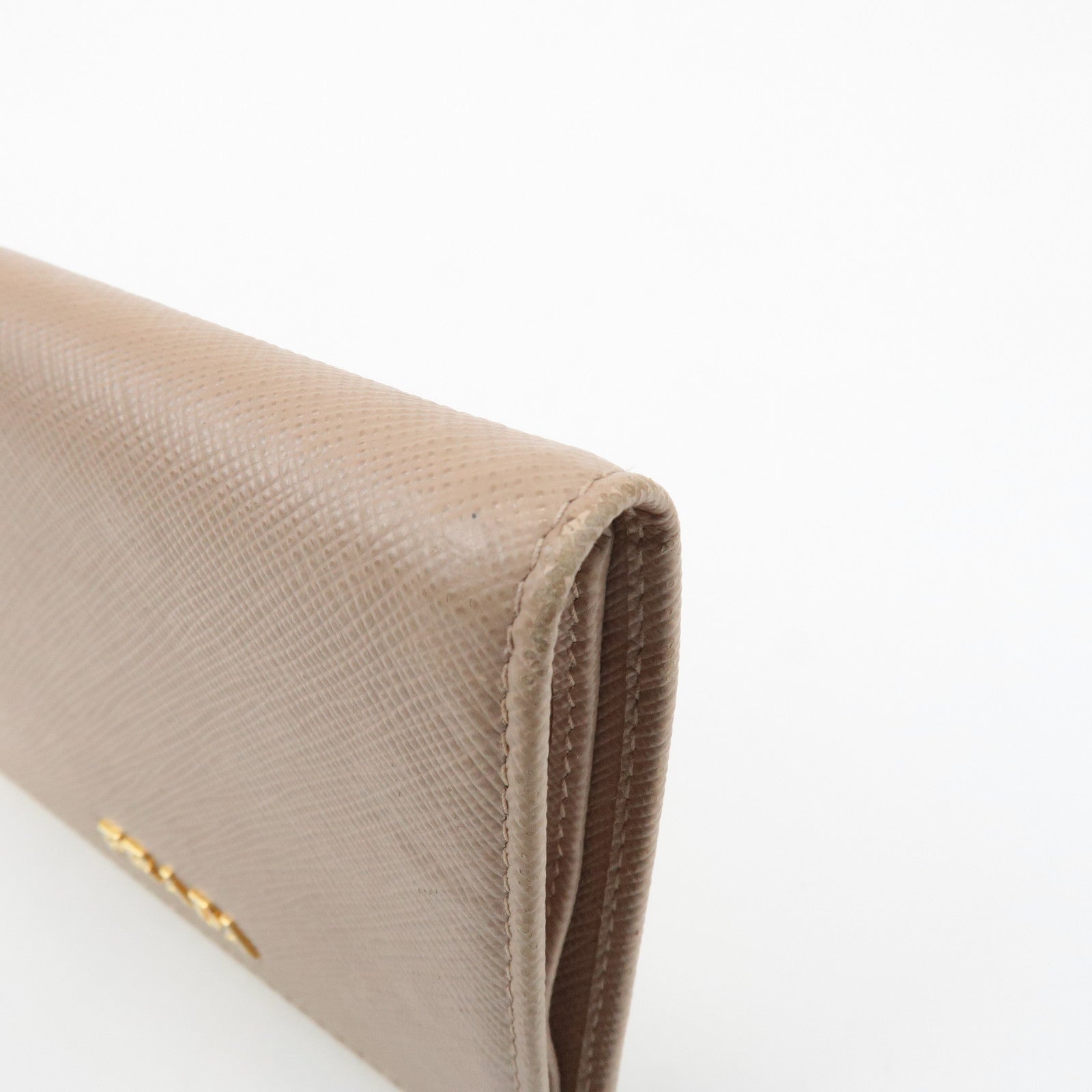 PRADA Logo Saffiano Leather Bi-Fold Small Wallet Beige 1MV204 Used
