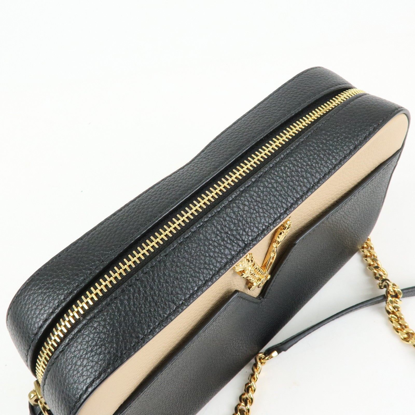 VERSACE Virtus Leather Shoulder Crossbody Bag Black Beige