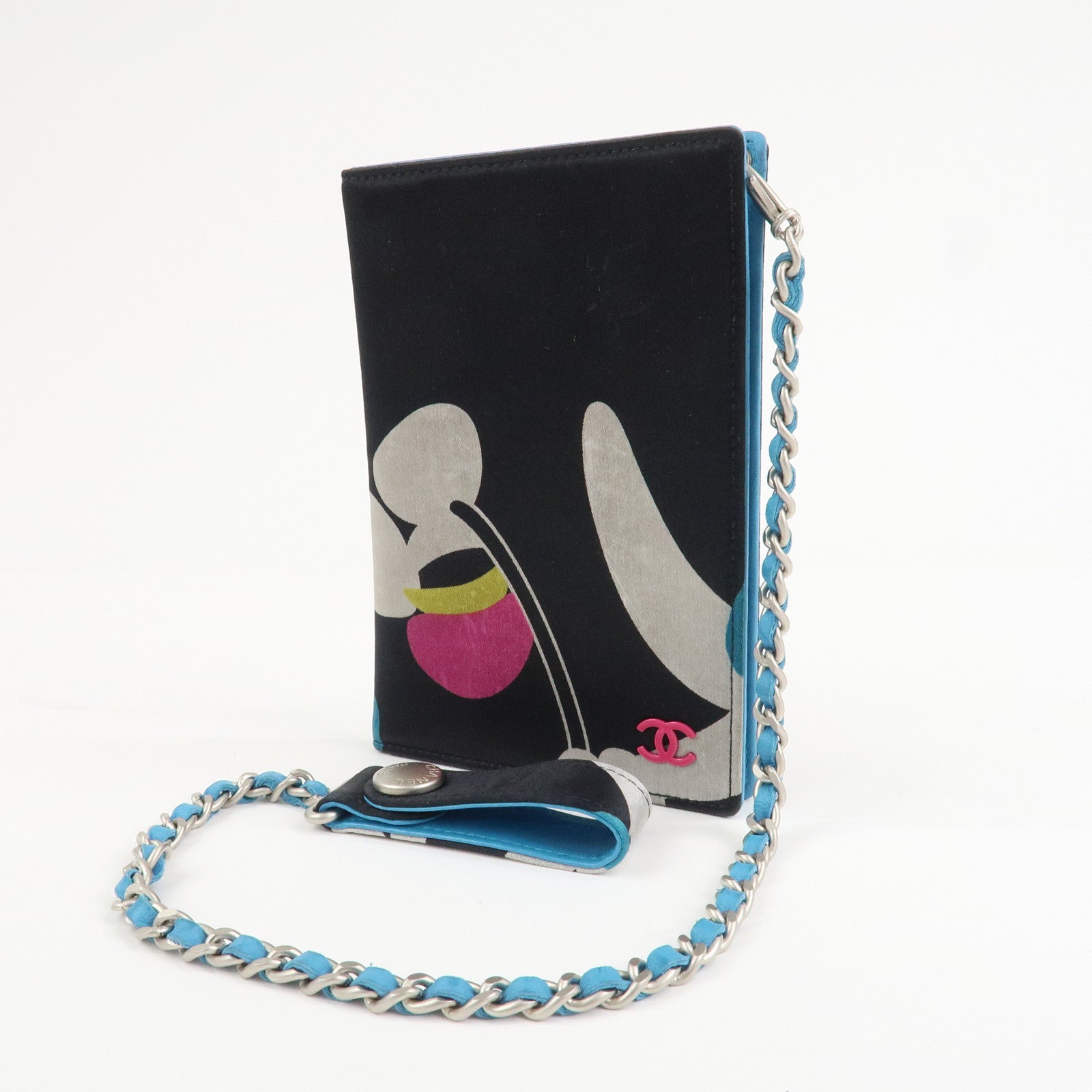 CHANEL Canvas Leather Chain Passport Case Black Multicolor