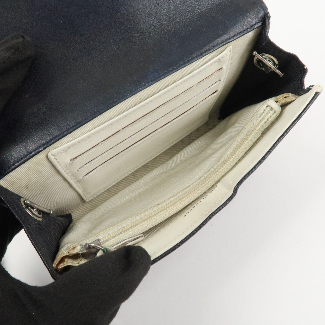 CHANEL Matelasse Leather Chain Long Wallet Dark Navy Bicolore Used