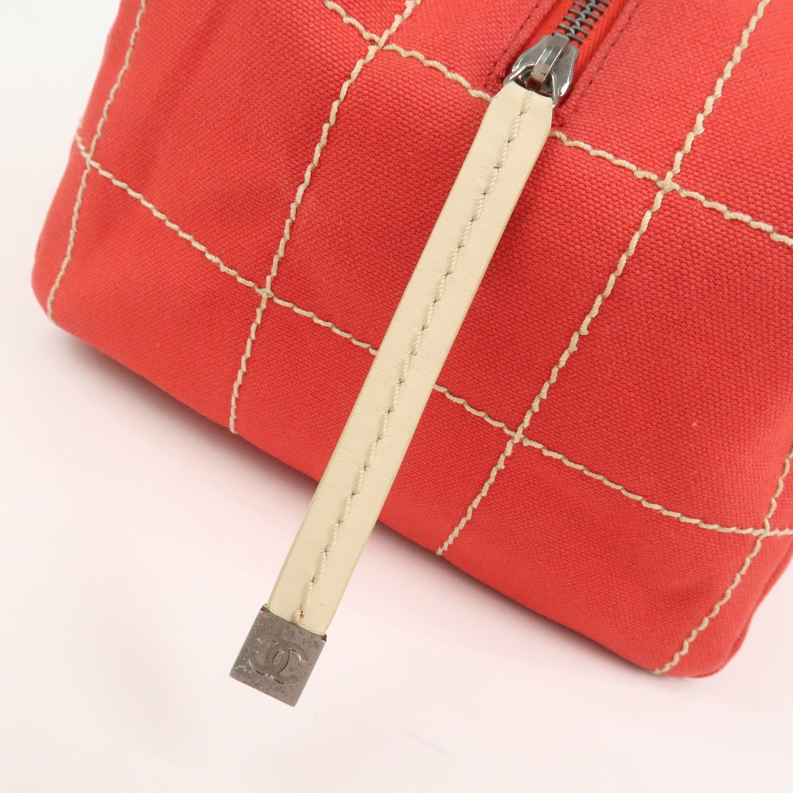 CHANEL Chocolate Bar COCO Mark Canvas Leather Hand Bag Red