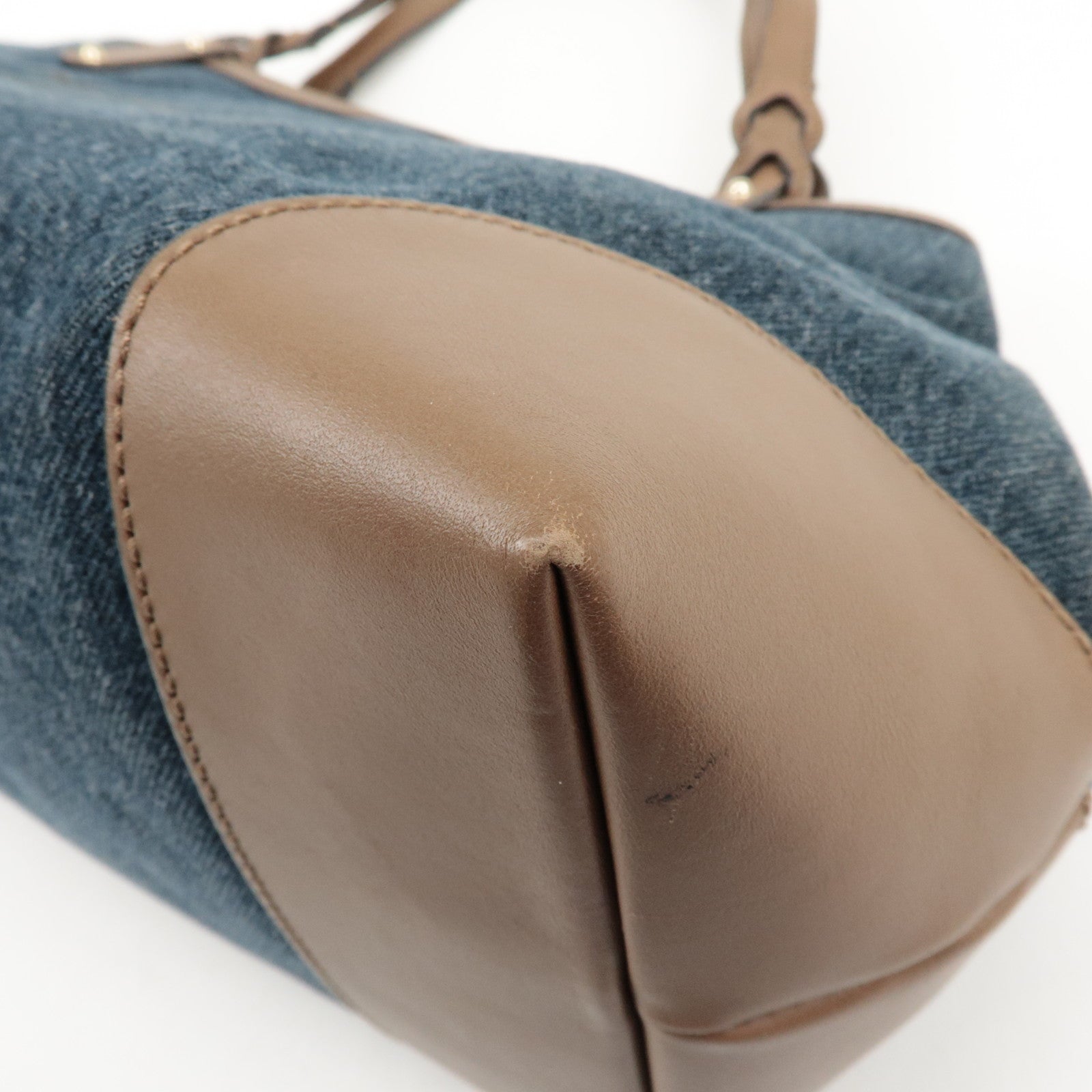 GUCCI Craft Denim Leather Tote Bag Hand Bag Navy Brown 348715 Used