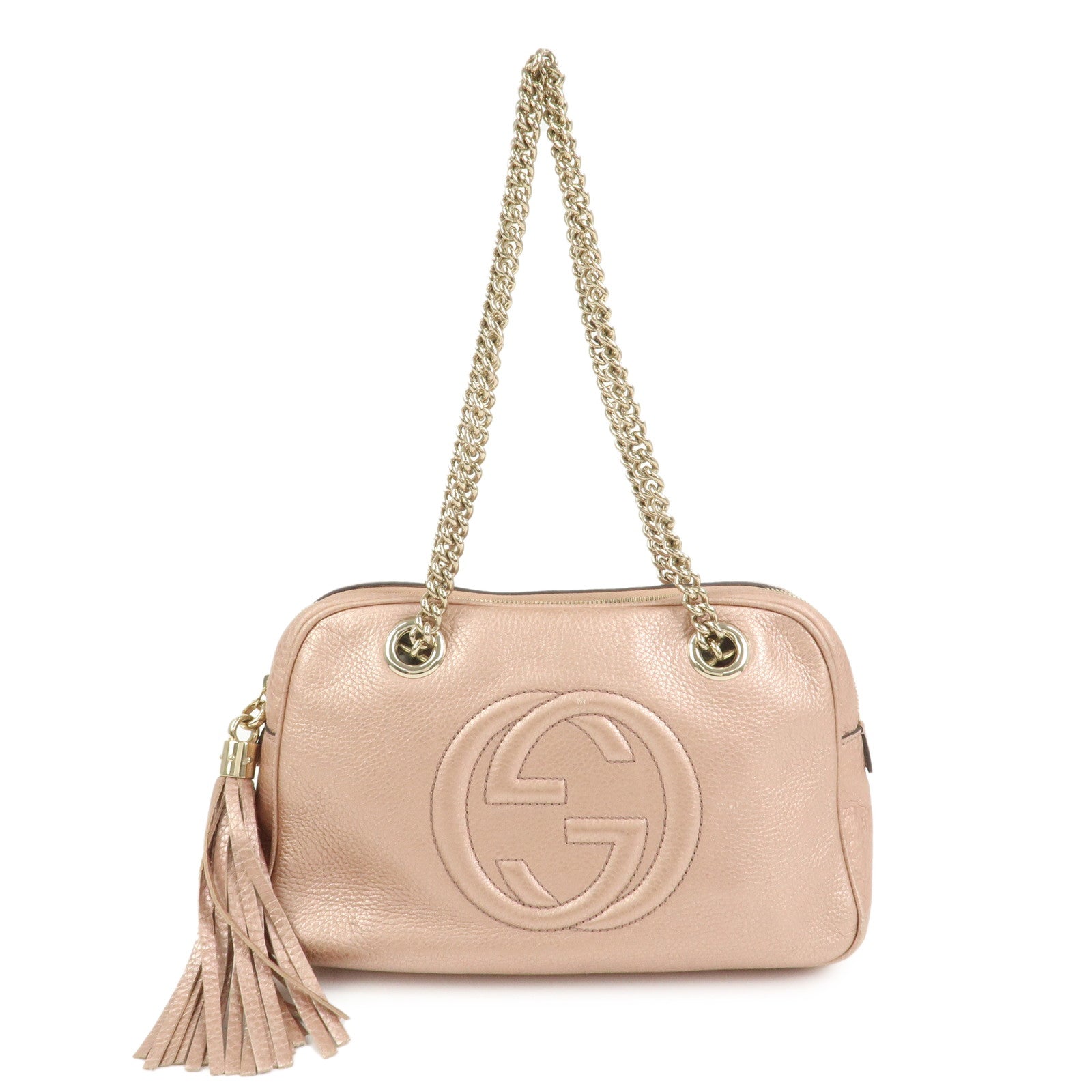 GUCCI SOHO Interlocking G Leather Shoulder Bag Metallic Pink 308983