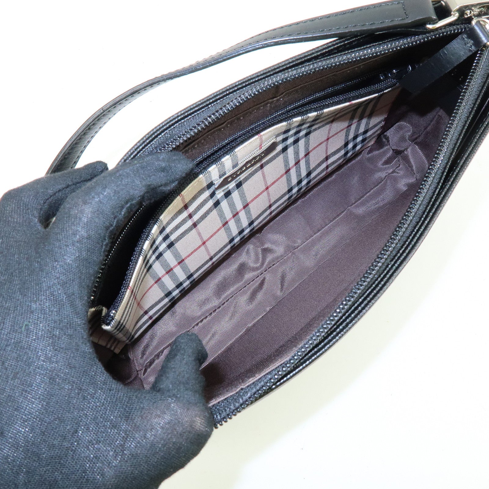 BURBERRY Leather Hand Bag Nova Plaid Black