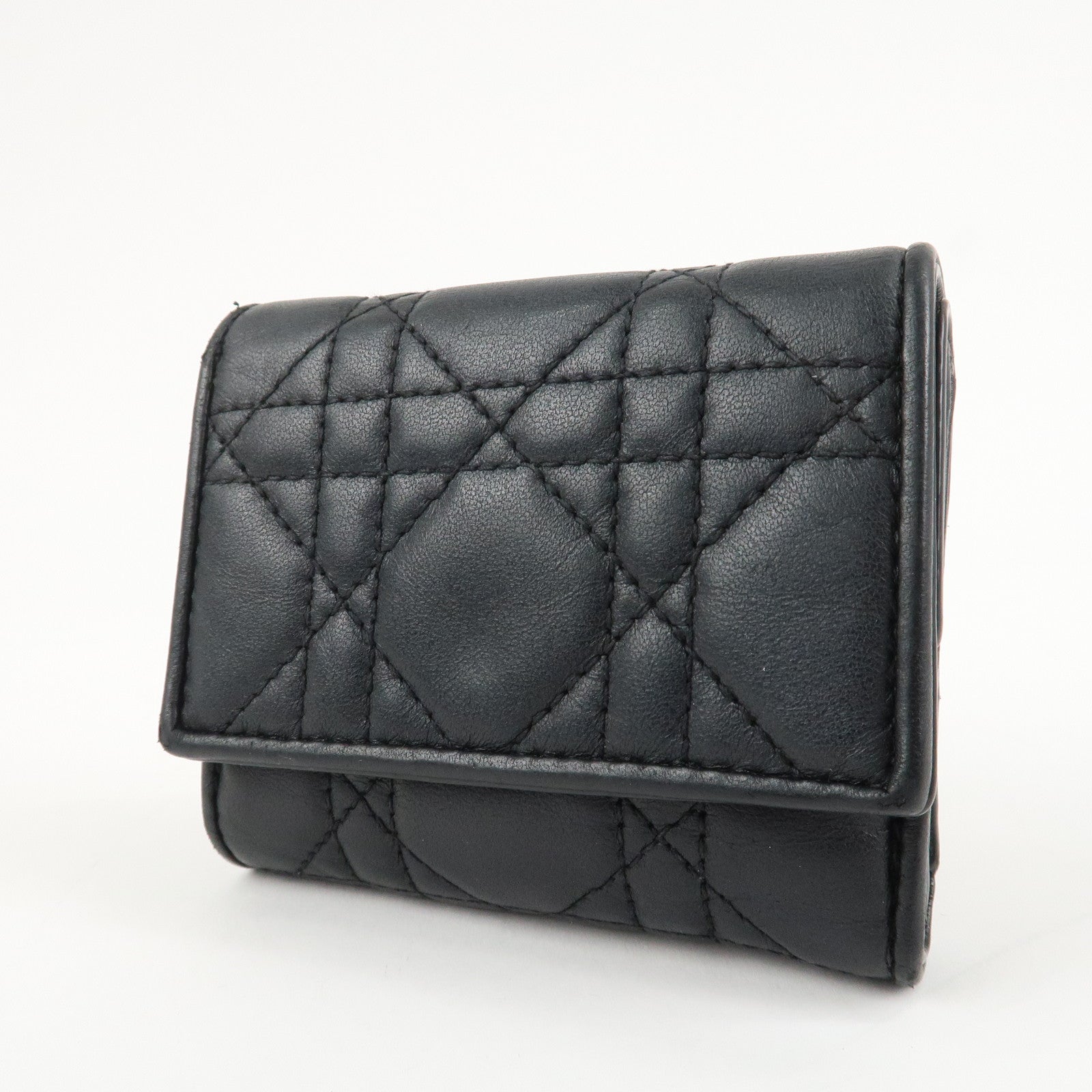 Christian Dior Cannage Leather Tri-fold Wallet Black Used