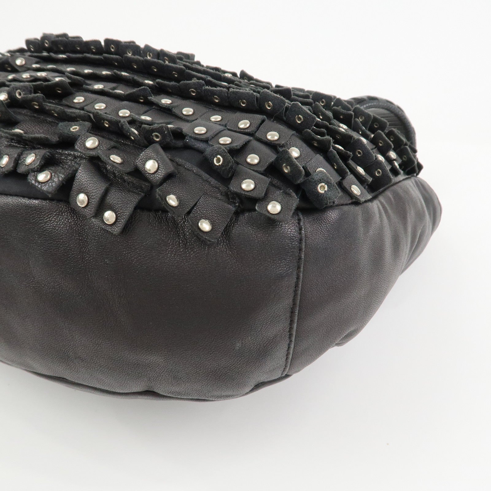 JIMMY CHOO Leather Studs Sky Bag Shoulder Bag Hand Bag Black Silver