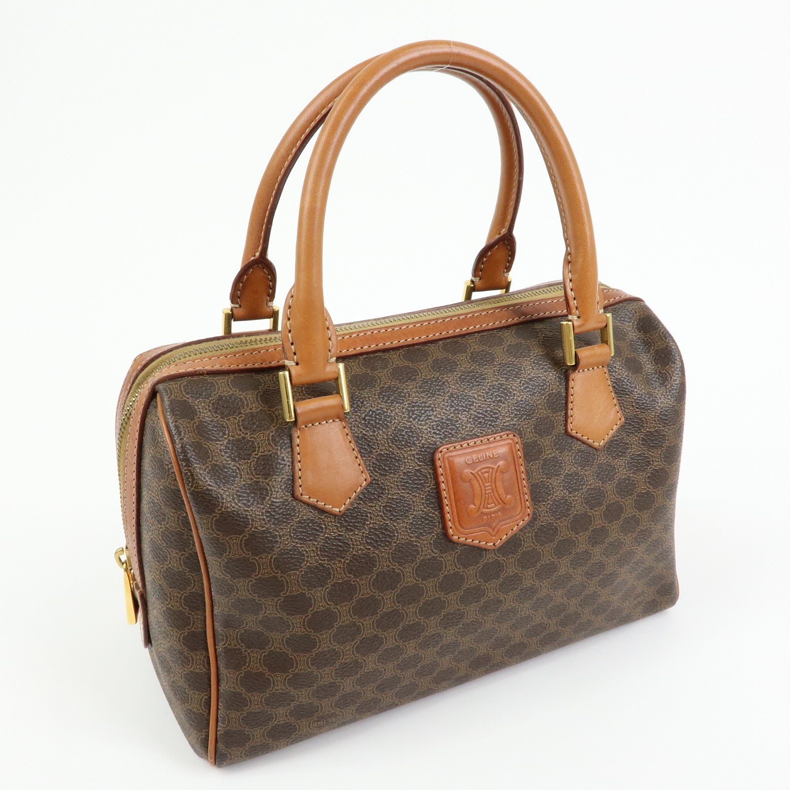 CELINE Logo Macadam PVC Leather Boston Bag Hand Bag Brown