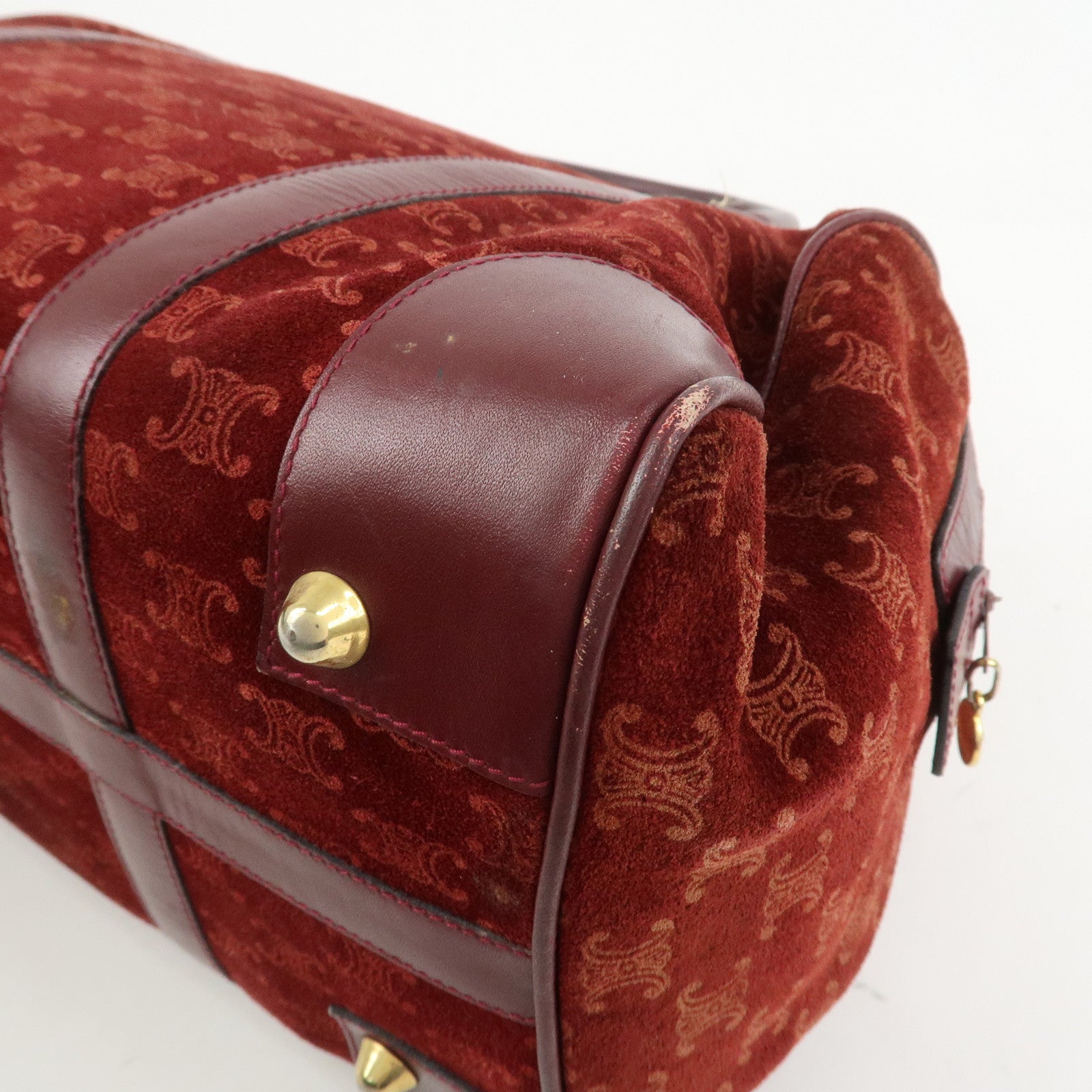 CELINE Macadam Logo Suede Leather Boston Bag Hand Bag Red Brown