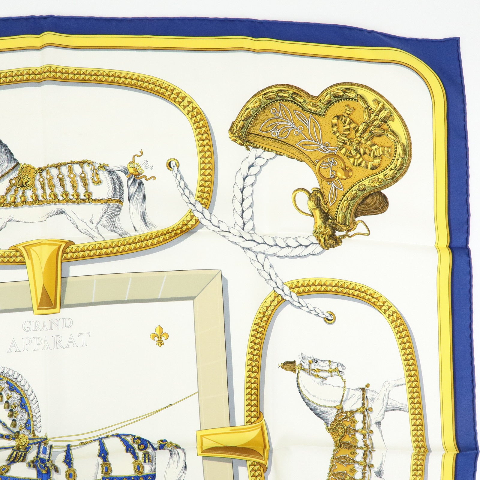 HERMES Carre 90 Silk 100% Scarf GRAND APPARAT White Yellow Navy