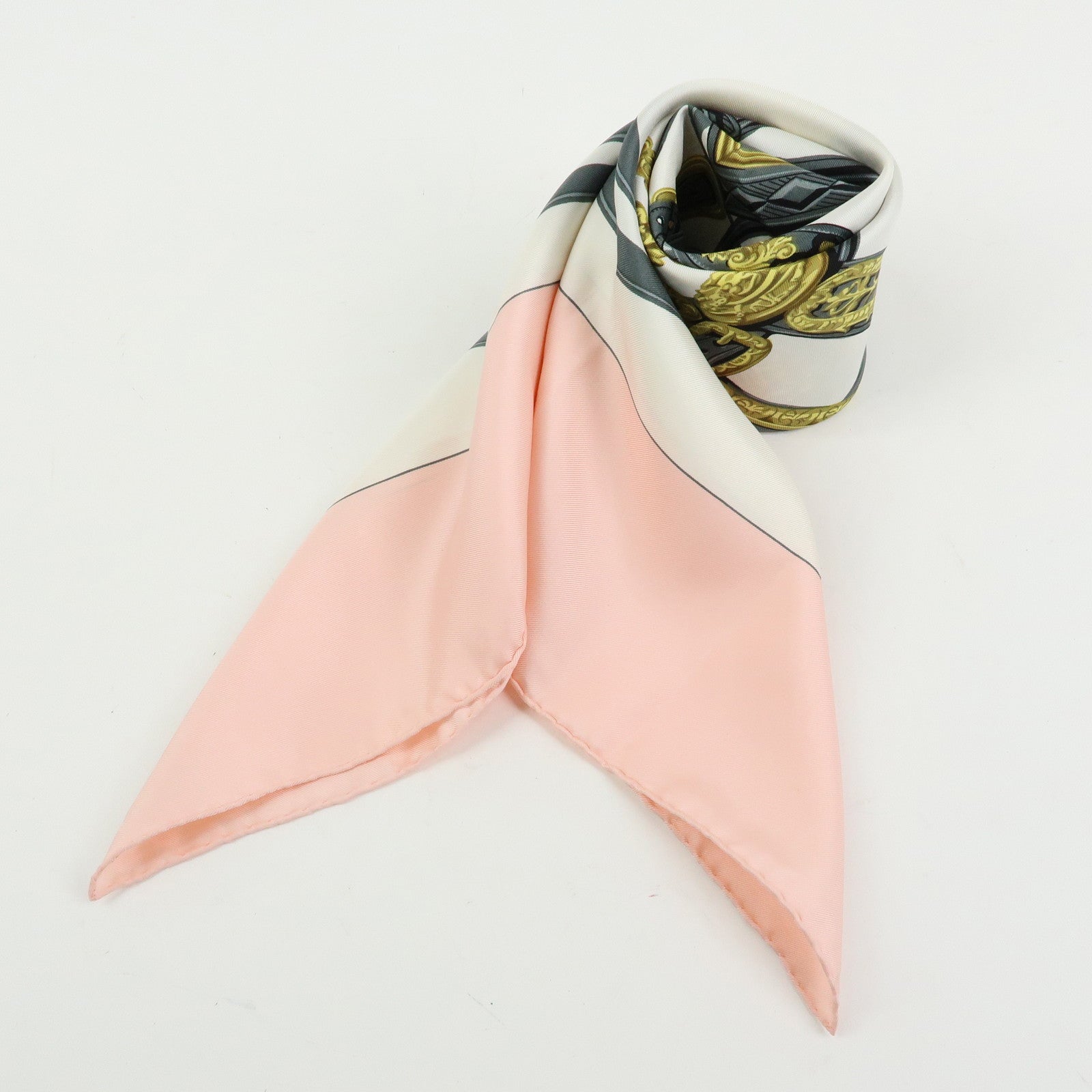 HERMES Carre 90 Silk 100% BRIDES DE GALA Scarf Light Pink White