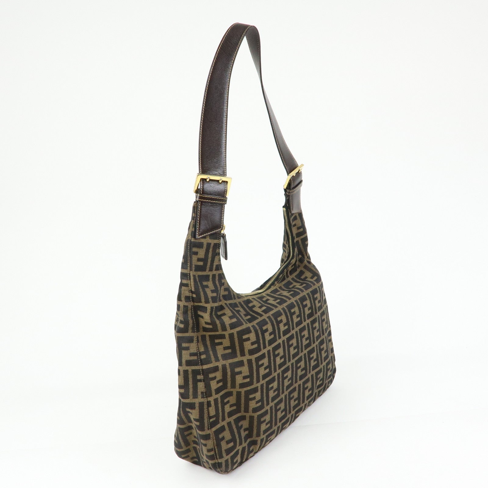 FENDI Zucca Canvas Leather Shoulder Bag Hand Bag Brown