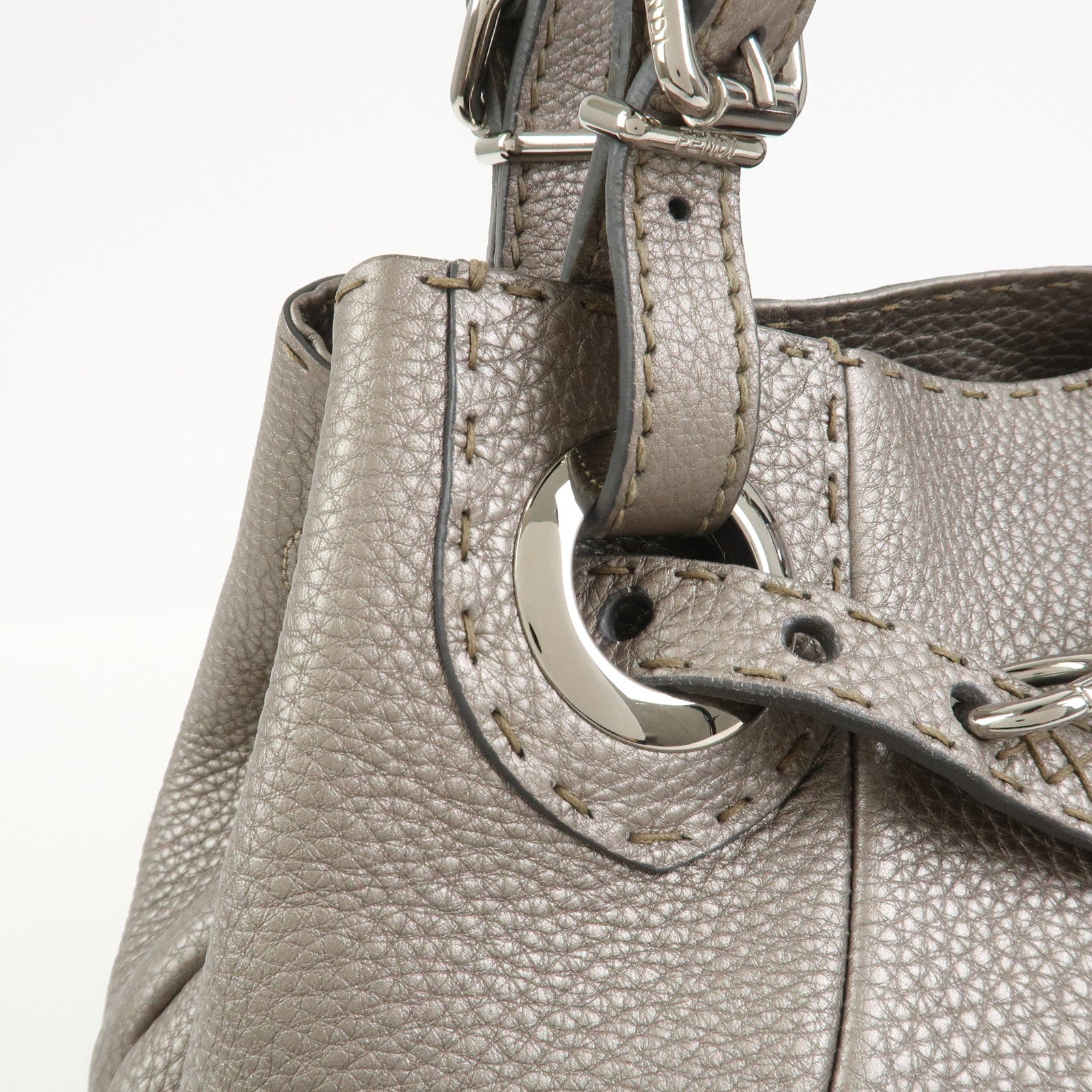FENDI Selleria Leather Hand Bag Shoulder Bag Silver 8BR595