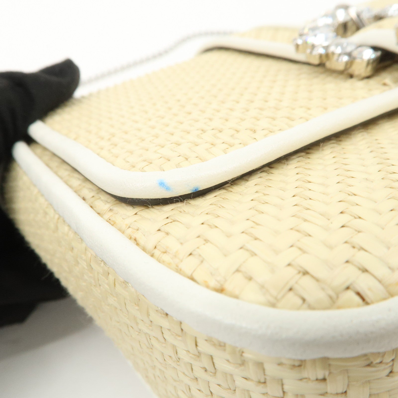 JIMMY CHOO Raffia Leather Mini Chain Shoulder Bag Beige Ivory