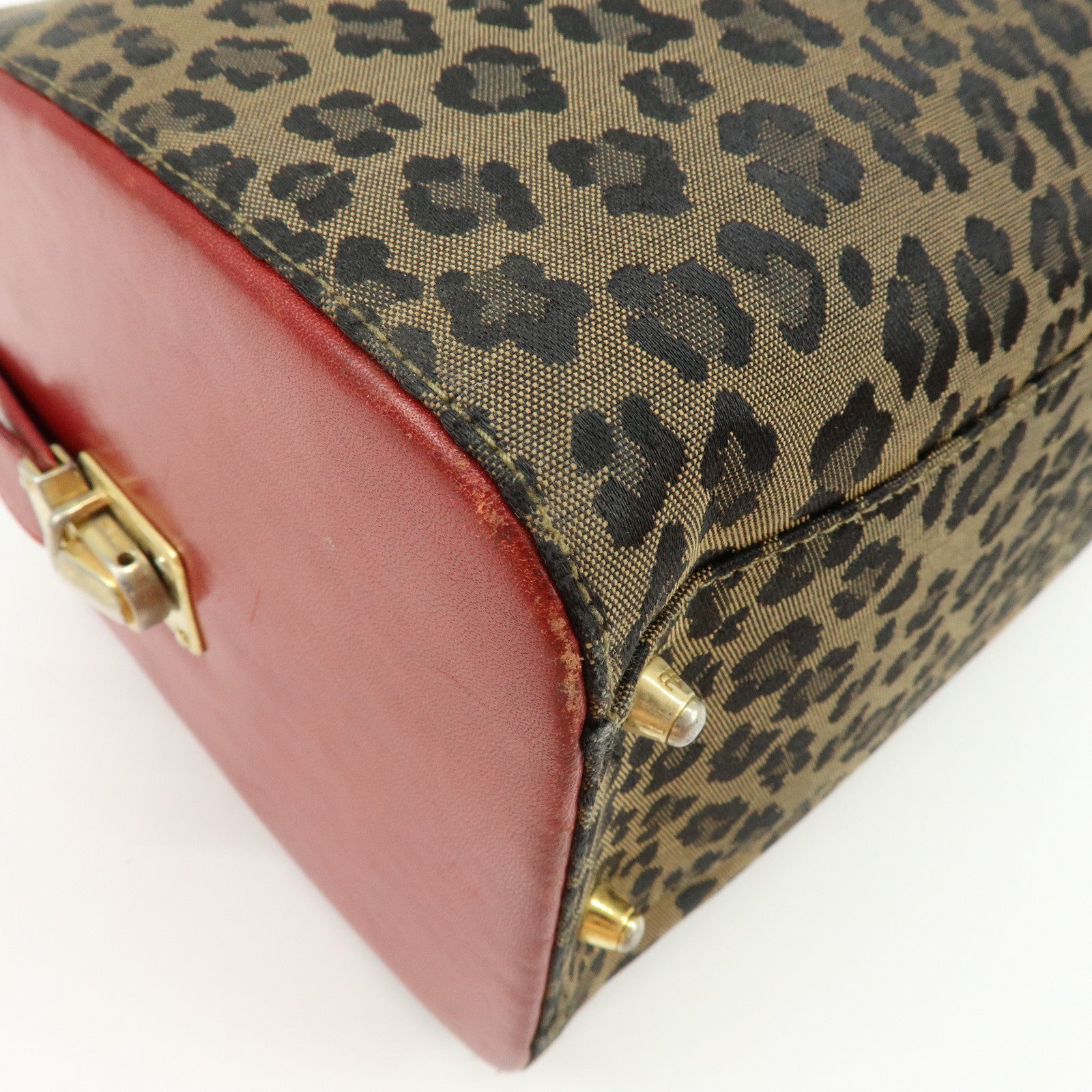 FENDI Canvas Leather Hand Bag Boston Bag Leopard Brown Red