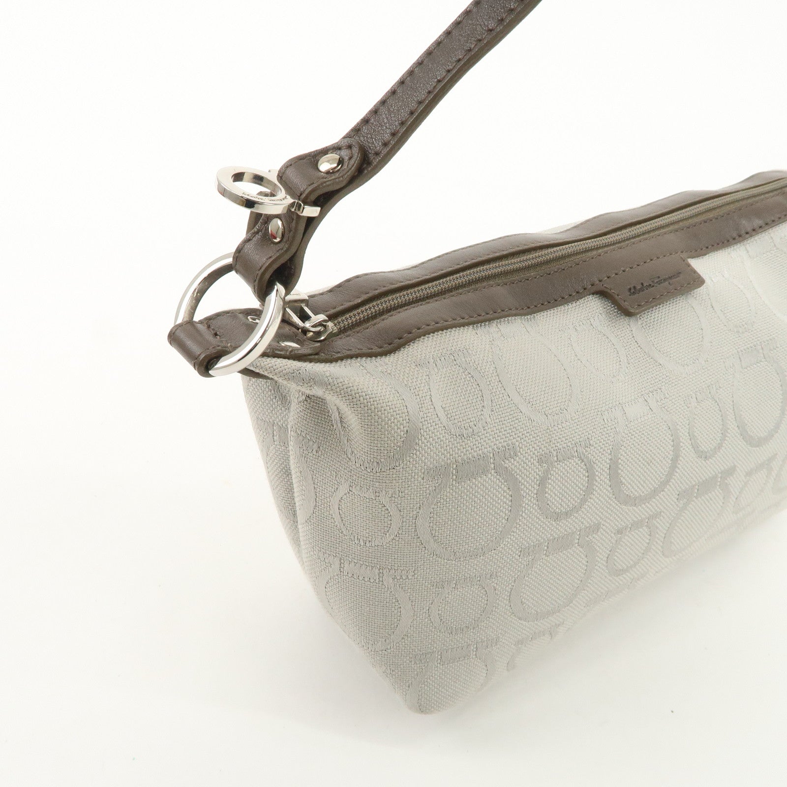 Ferragamo Gancini Leather Canvas Shoulder Bag Brown Silver Used