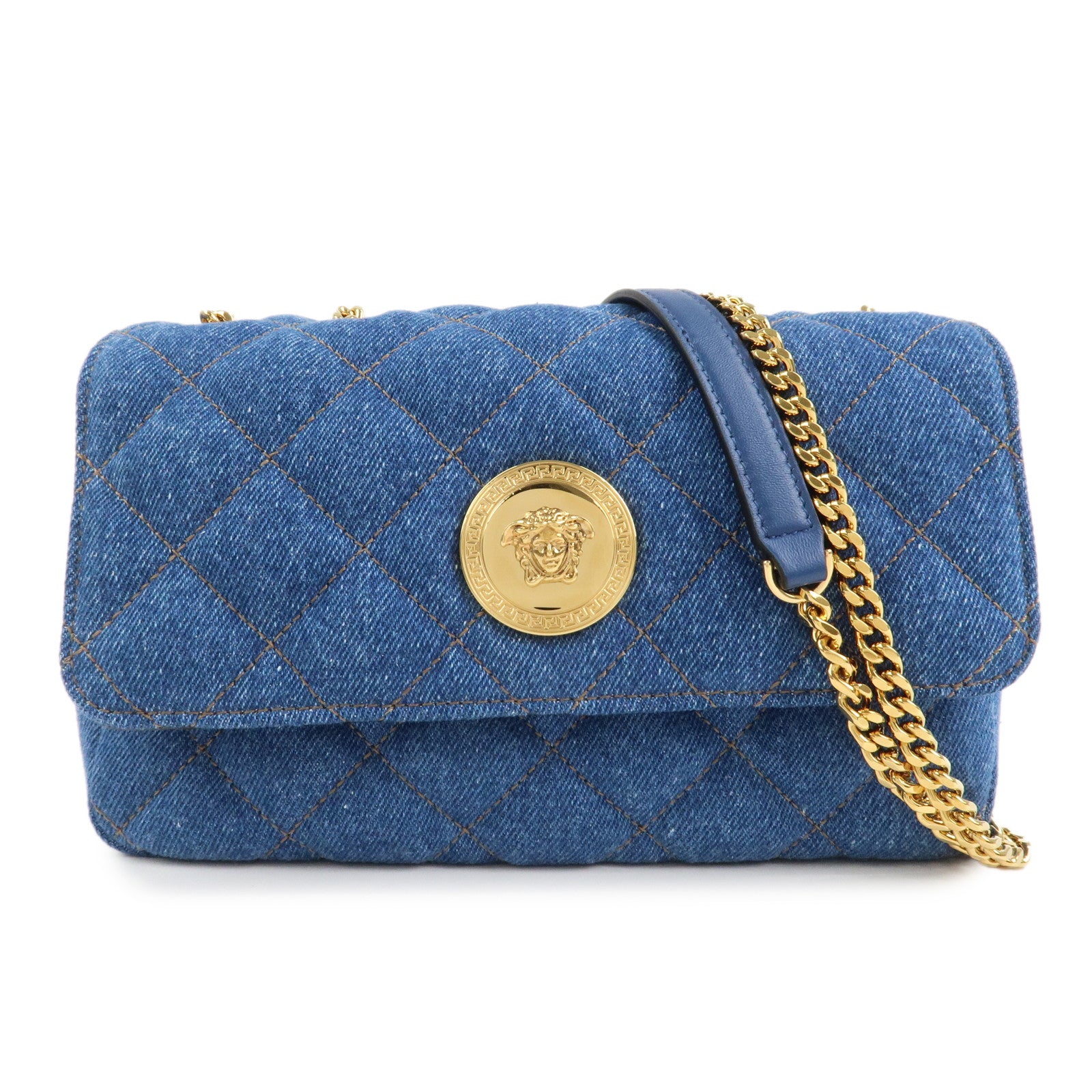 GIANNI VERSACE Demin Leather Chain Shoulder Bag Blue
