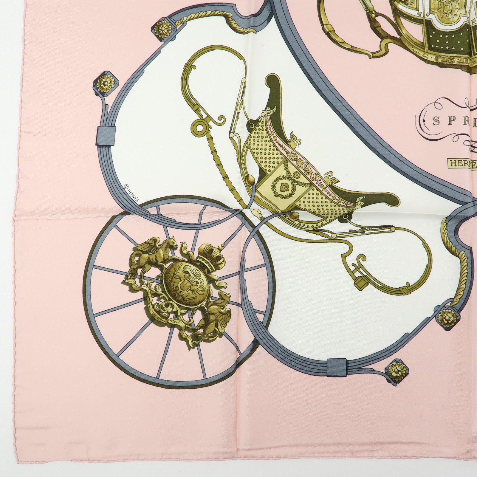 HERMES Carre 90 Silk 100% Scarf SPRINGS Light Pink Gold Grey
