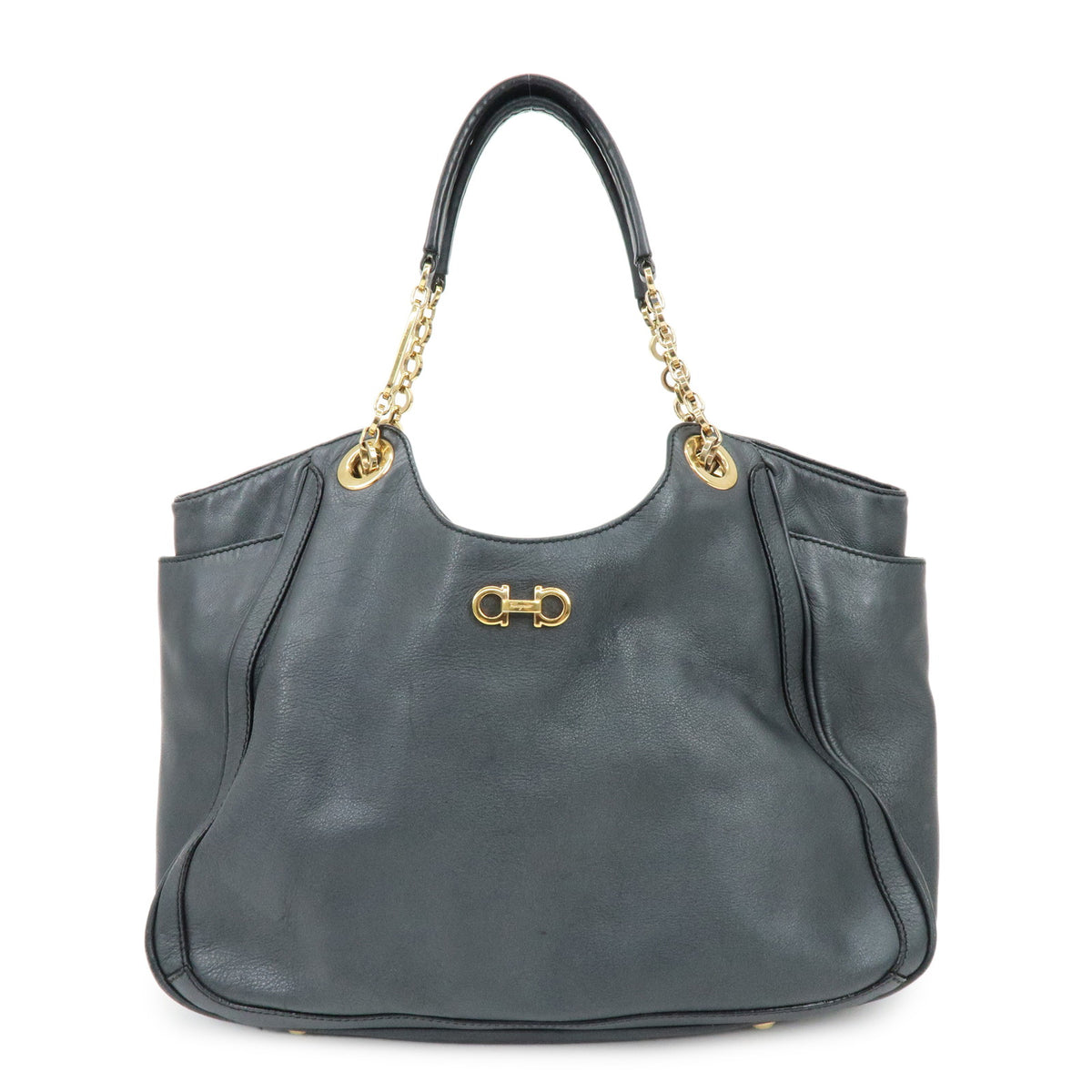Ferragamo Gancini Leather Chain Tote Bag Shoulder Bag Black