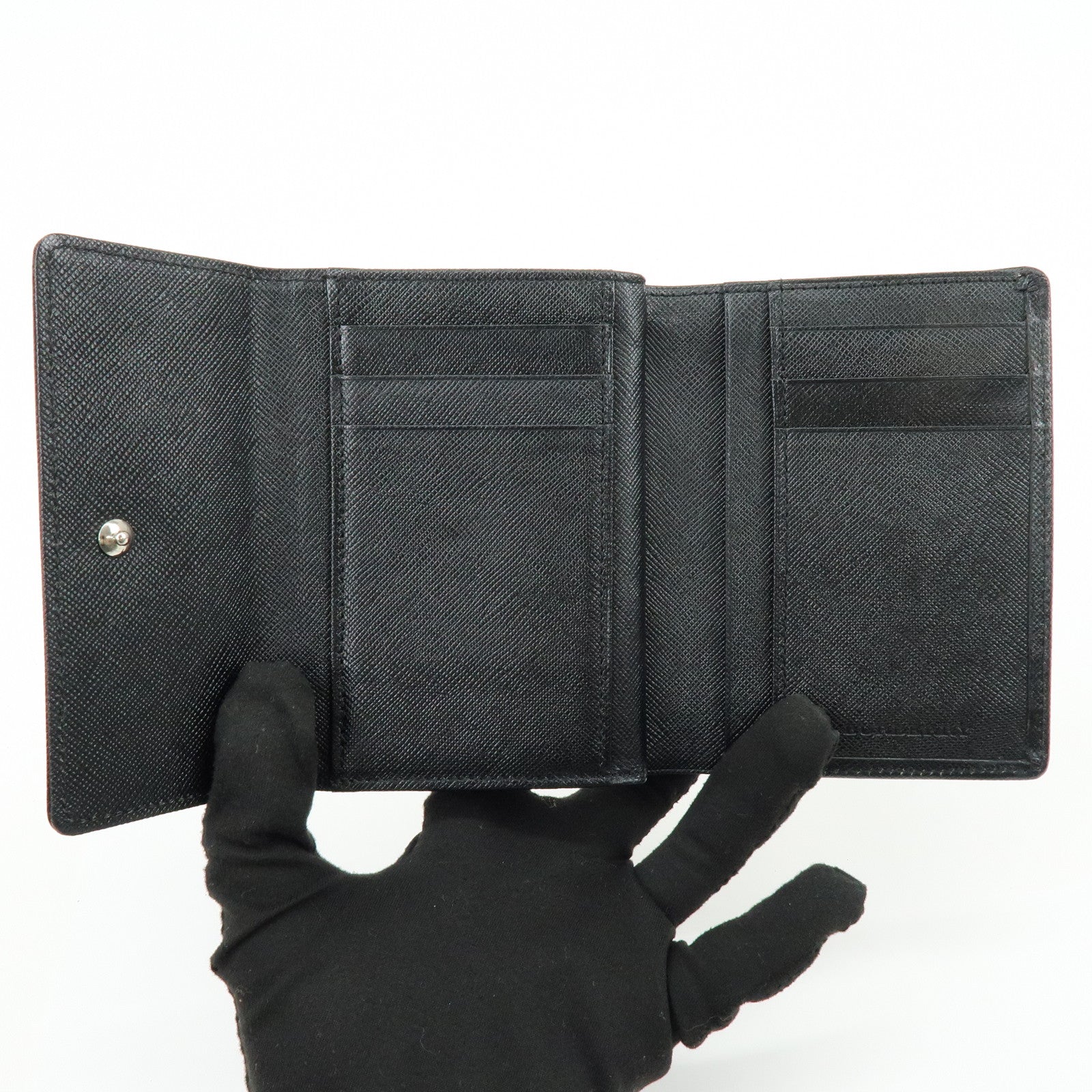 BURBERRY Nova Plaid Canvas Leather Compact Wallet Black Beige