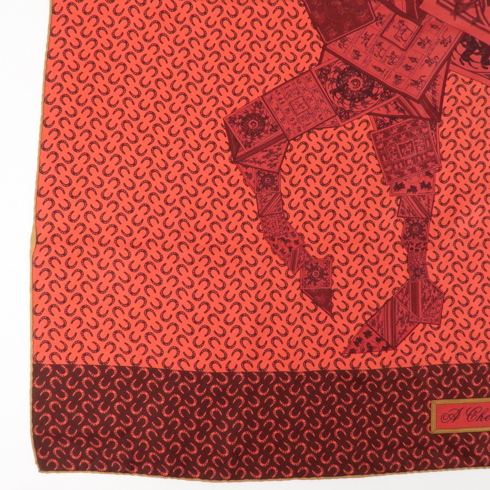 HERMES Carre 90 Silk 100% Scarf Porte Bonheur Horse Pattern Red Used