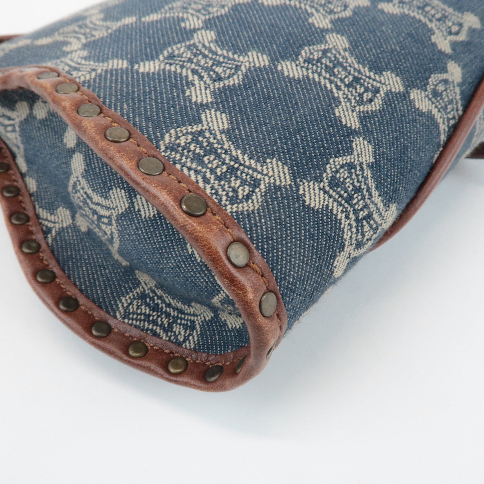 CELINE Macadam Denim Canvas Leather Shoulder Bag Blue Brown Used