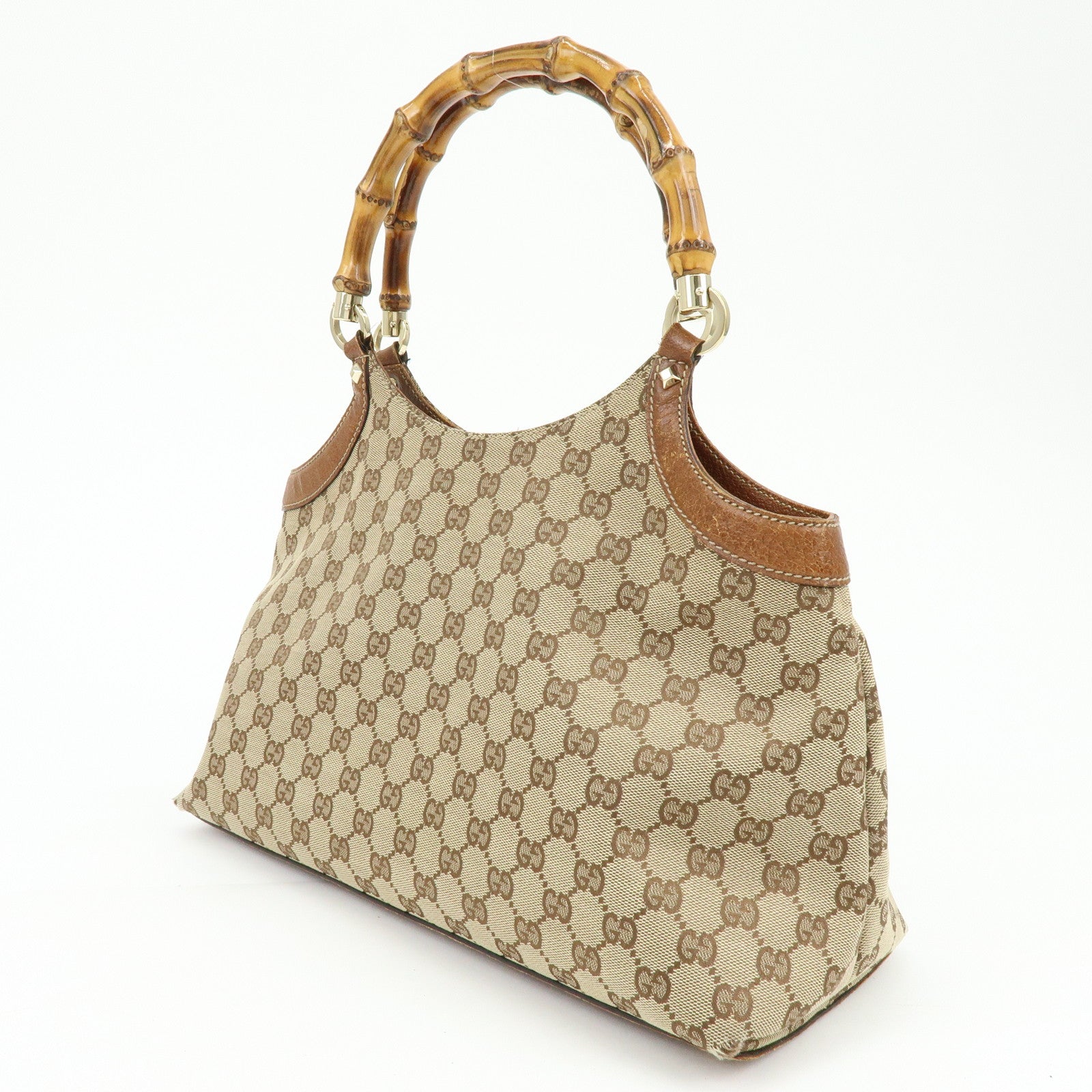 GUCCI Bamboo GG Canvas Leather Tote Bag Hand Bag Brown Beige 137395