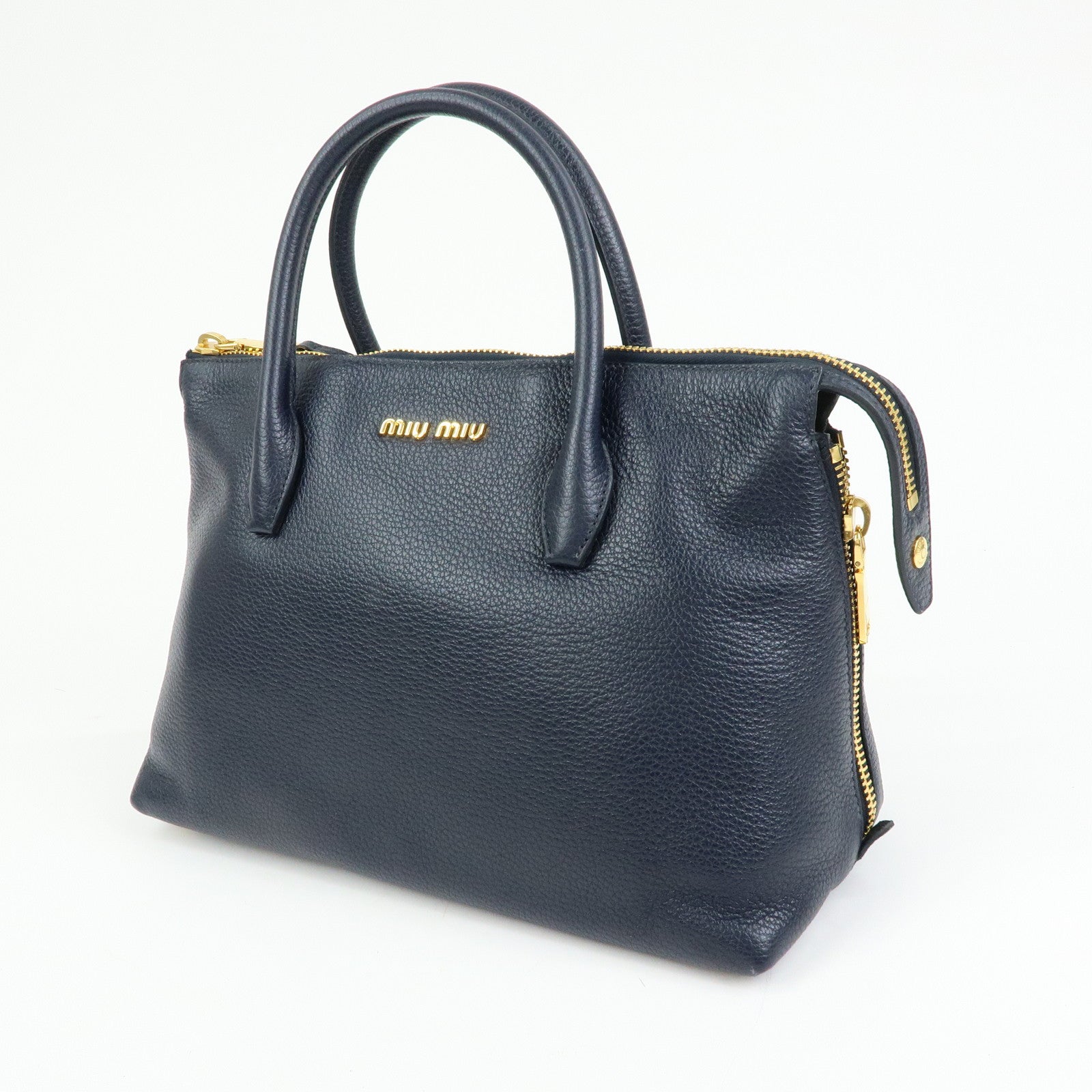 MIU MIU Logo Leather 2WAY Bag Shoulder Bag Hand Bag Navy 5BB016