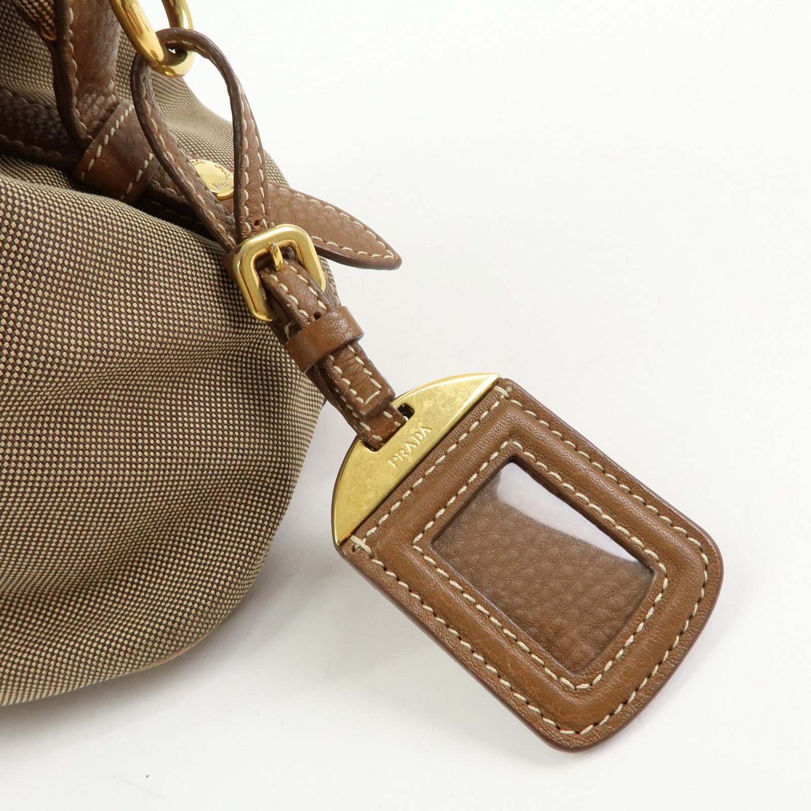 PRADA Logo Canvas Leather Boston Bag Hand Bag Beige Brown BL0600