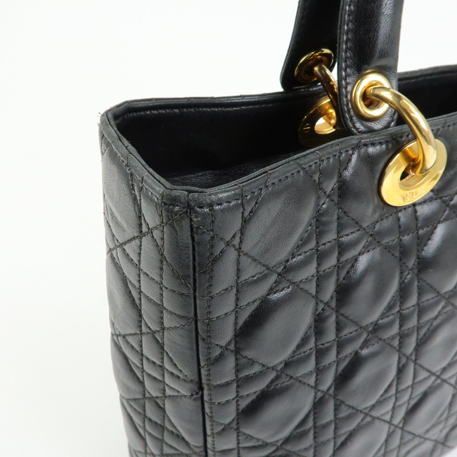 Christian Dior Canage Lady Dior Lamb Skin Hand Bag Black