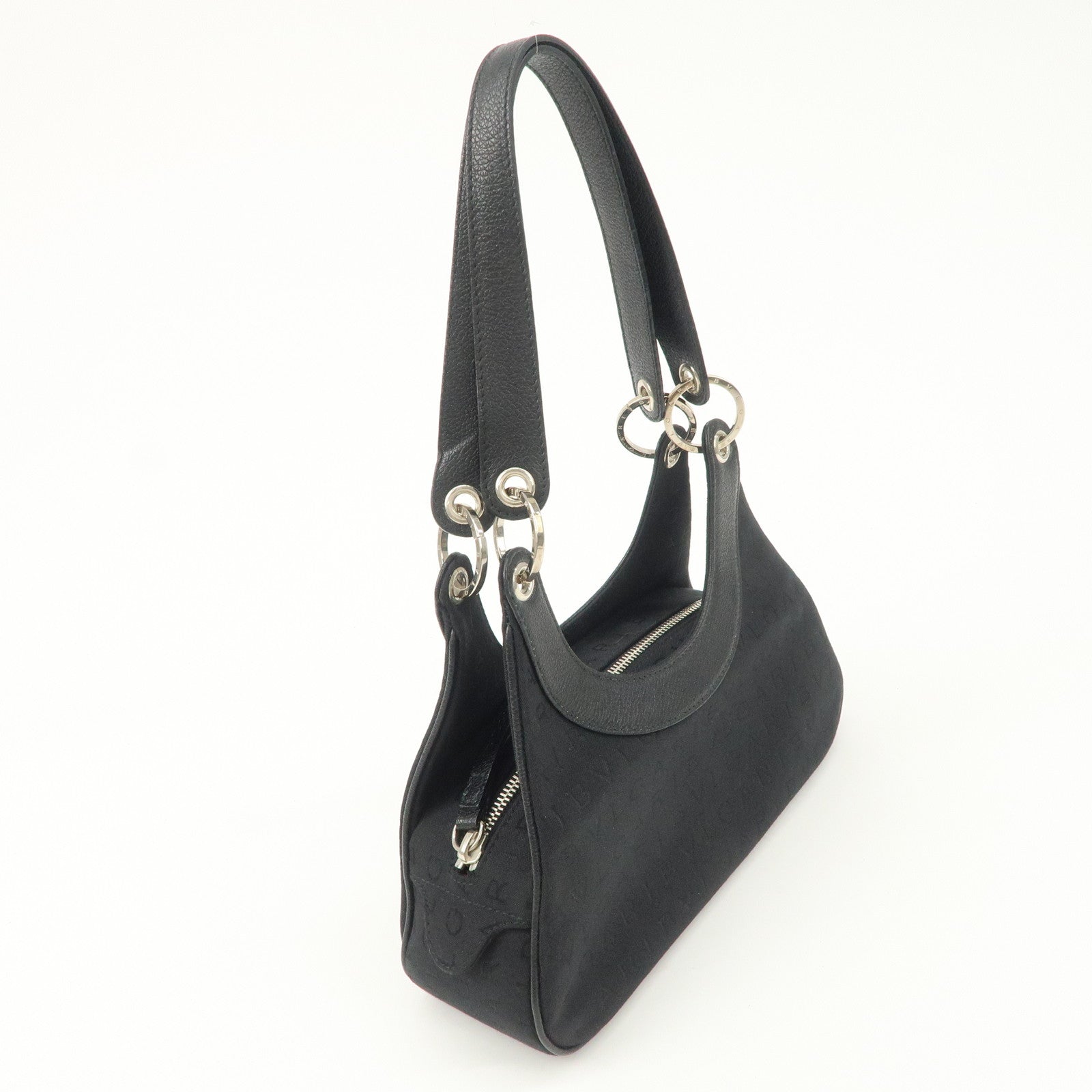 BVLGARI Logo Maniac Canvas Leather Shoulder Bag Black Used