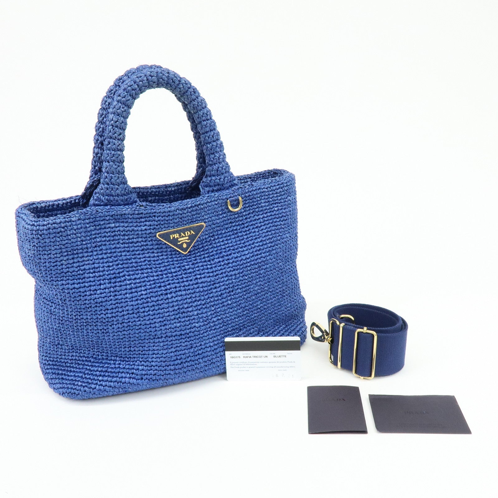 PRADA Triangle Logo Raffia 2Way Hand Bag Shoulder Bag Blue 1BG175