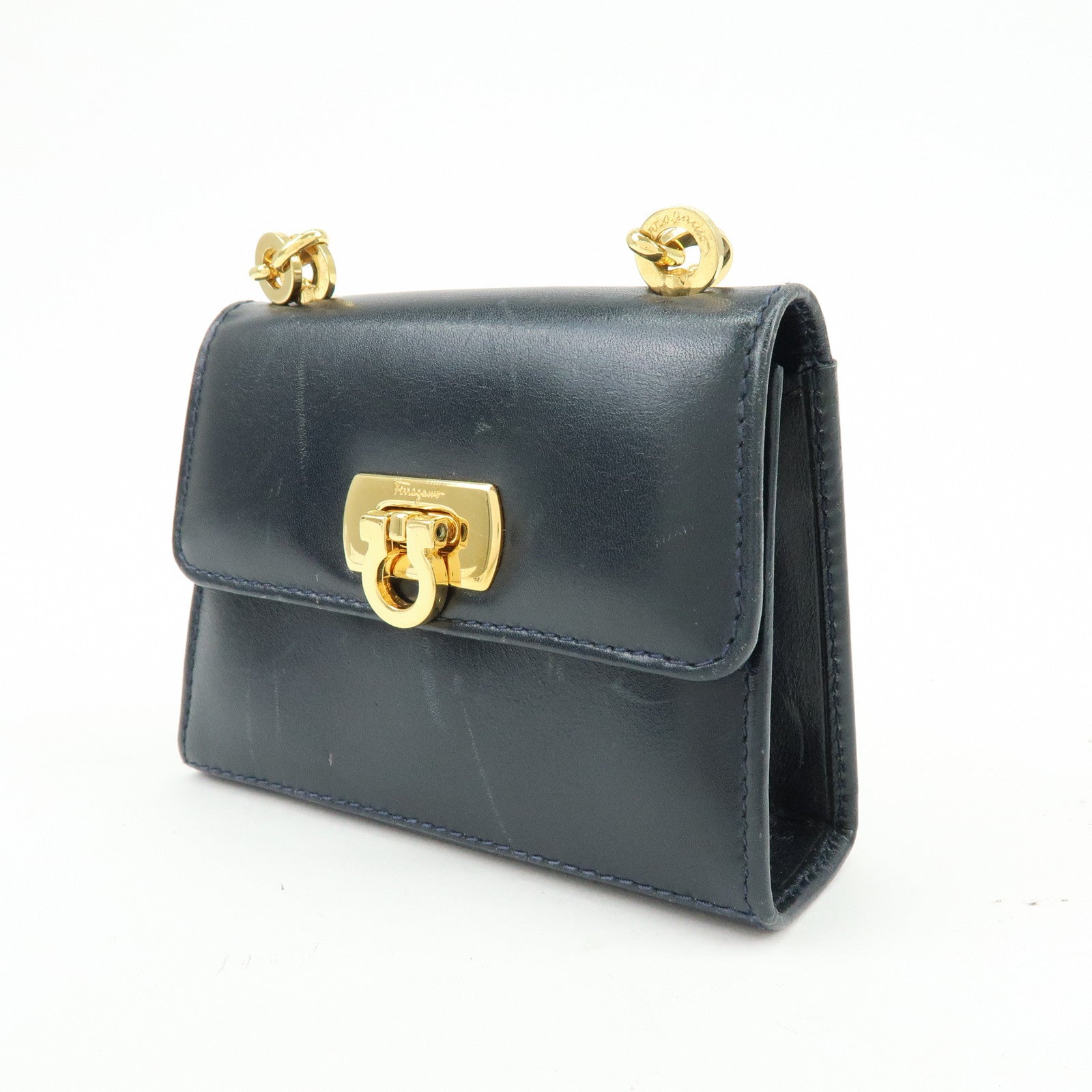 Ferragamo Gancini Leather Mini Shoulder Bag Crossbody Bag Navy