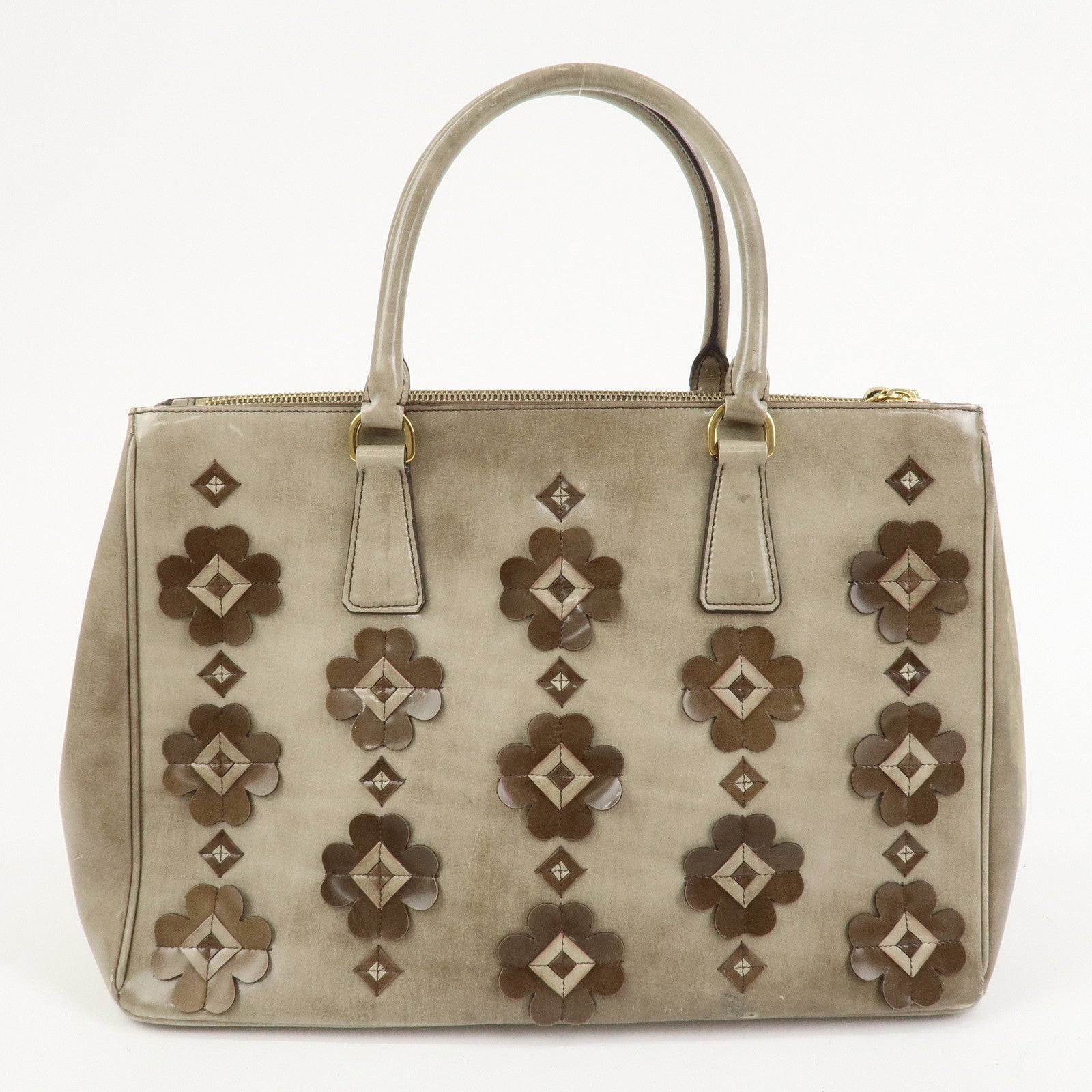 PRADA Patent Leather Flower Galleria 2Way Tote Bag Greige BB2274F