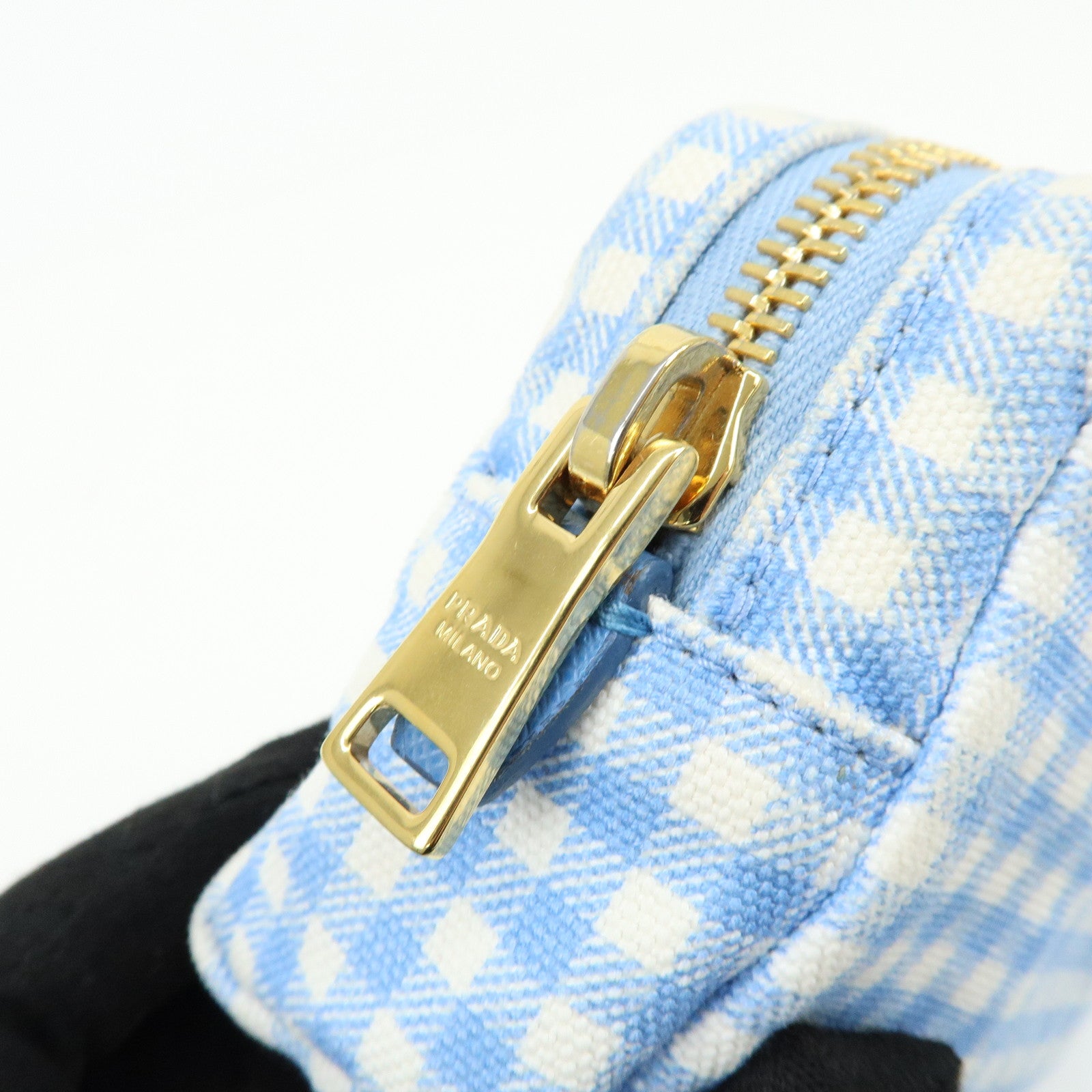 PRADA Triangle Logo Canvas Gingham Pattern Pouch Blue 1NA021