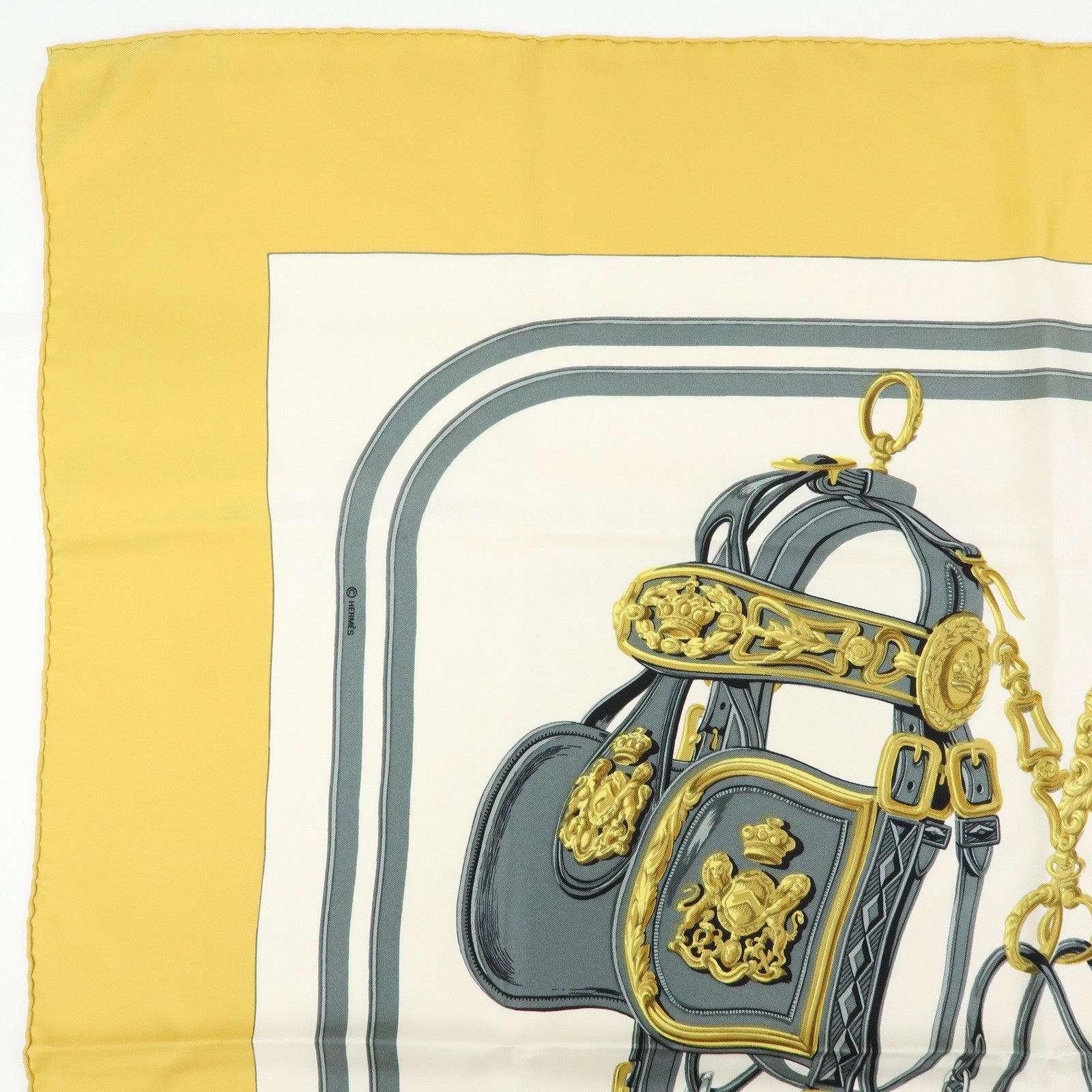 HERMES Carre 90 Silk 100% Scarf BRIDES DE GALA Gold Gray